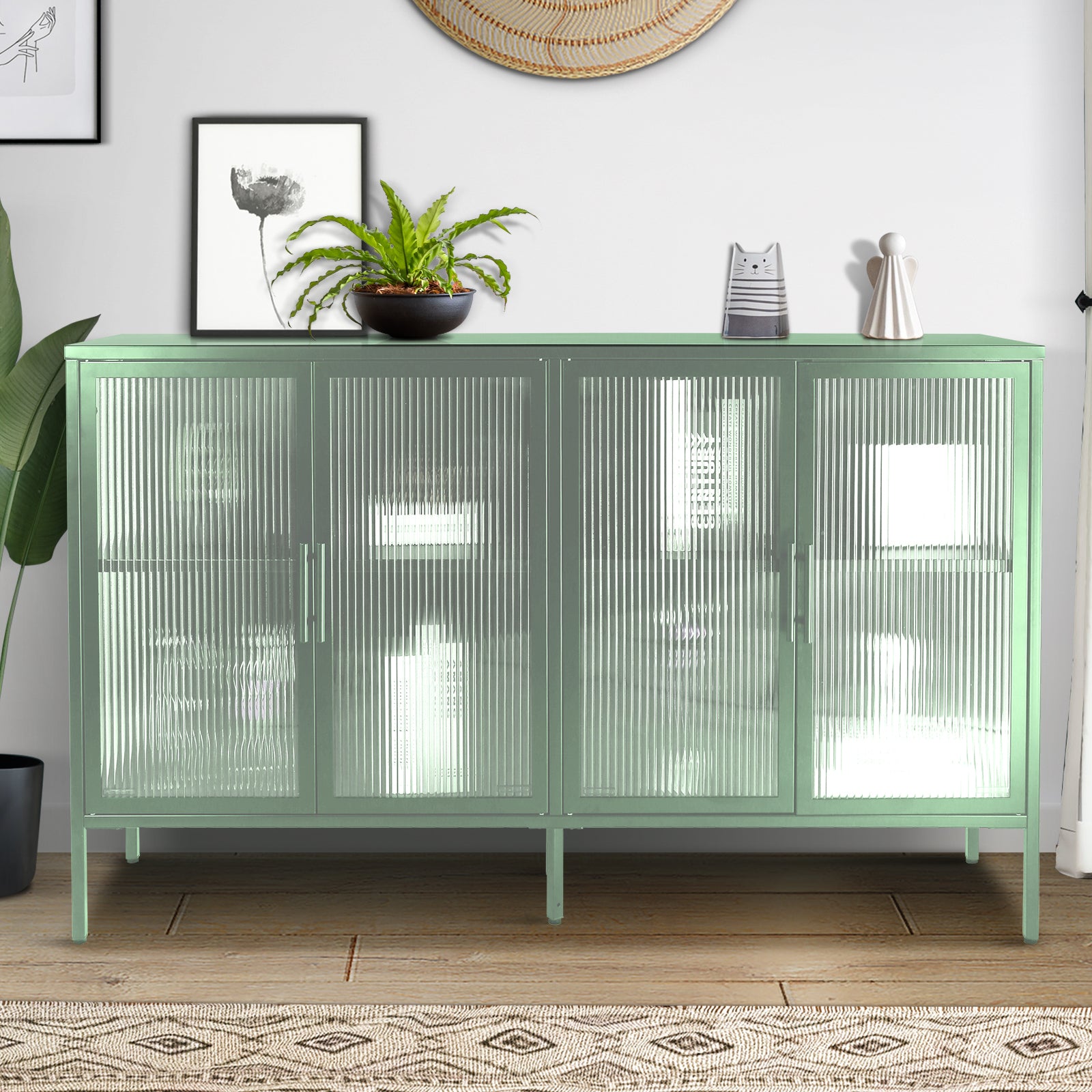 Stylish 4 Door Tempered Glass Cabinet with 4 Glass mint green-tempered glass+sheet metal+plastic