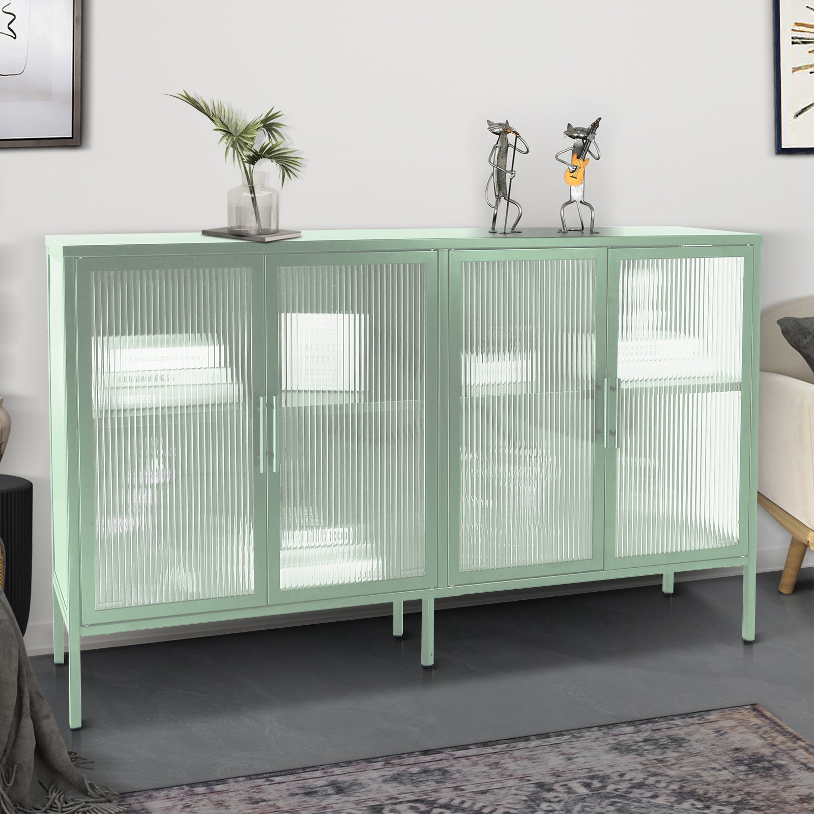 Stylish 4 Door Tempered Glass Cabinet with 4 Glass mint green-tempered glass+sheet metal+plastic