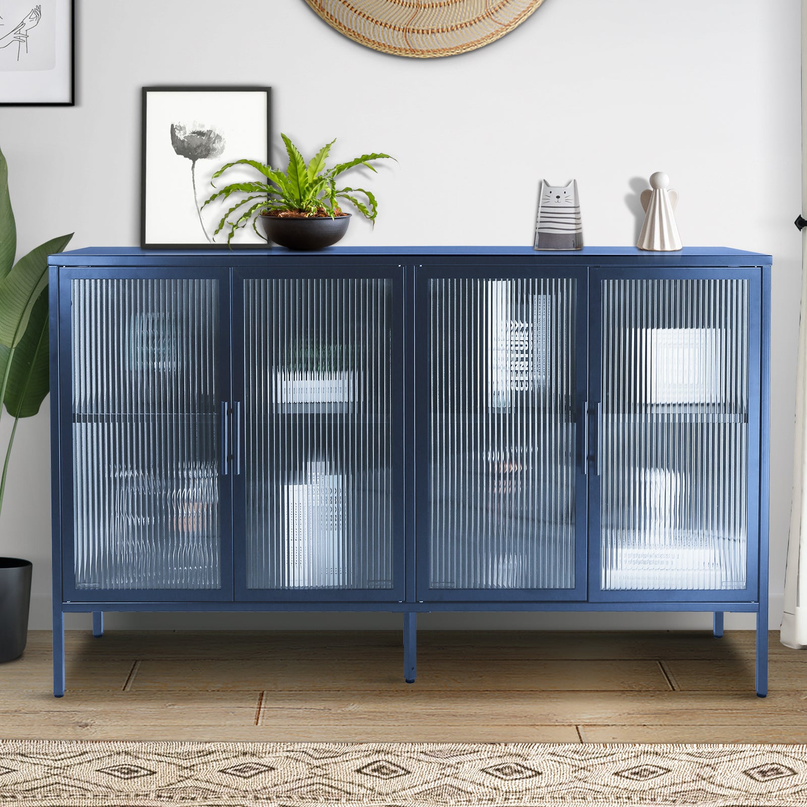 Stylish 4 Door Tempered Glass Cabinet with 4 Glass blue-tempered glass+sheet metal+plastic