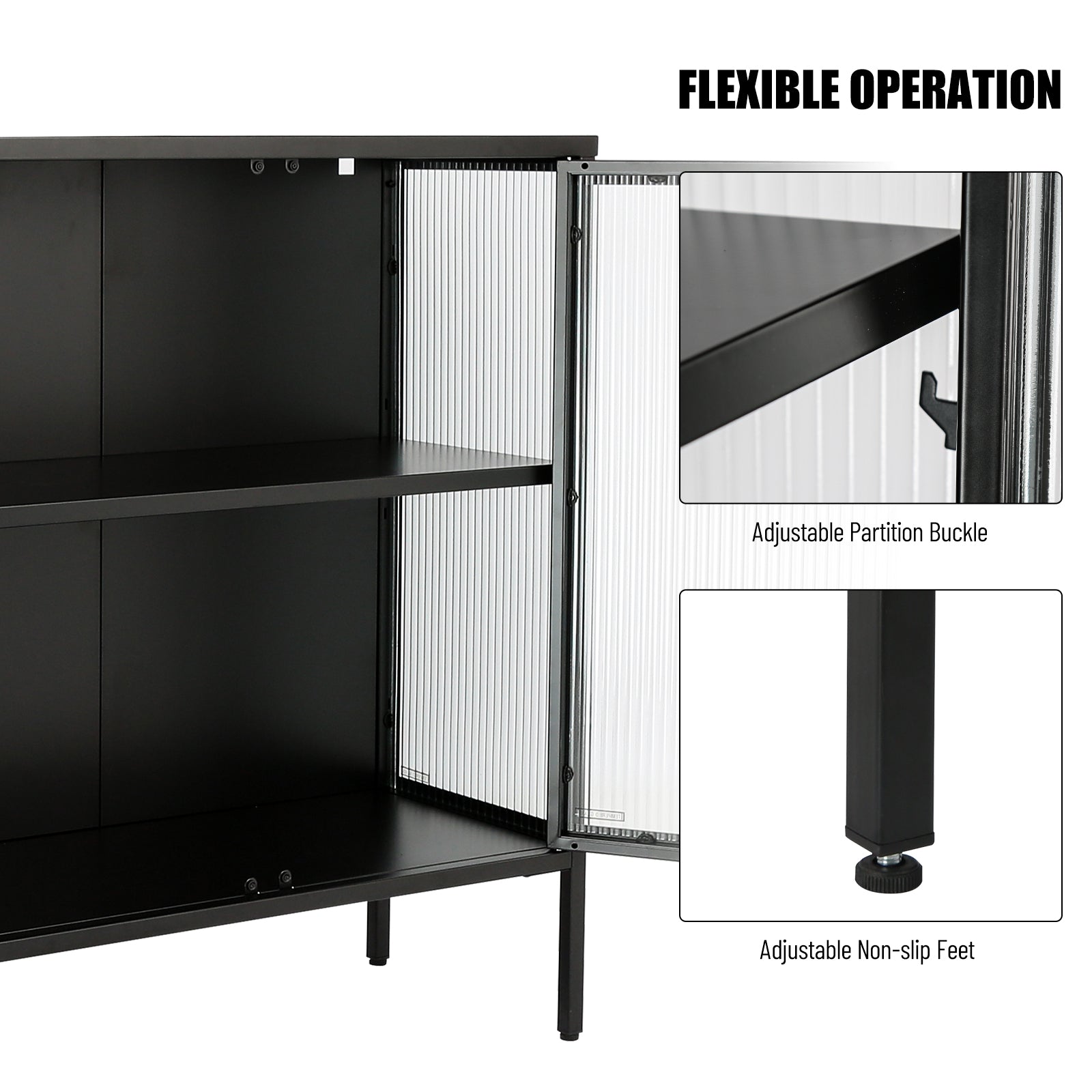 Stylish 4 Door Tempered Glass Cabinet with 4 Glass black-tempered glass+sheet metal+plastic