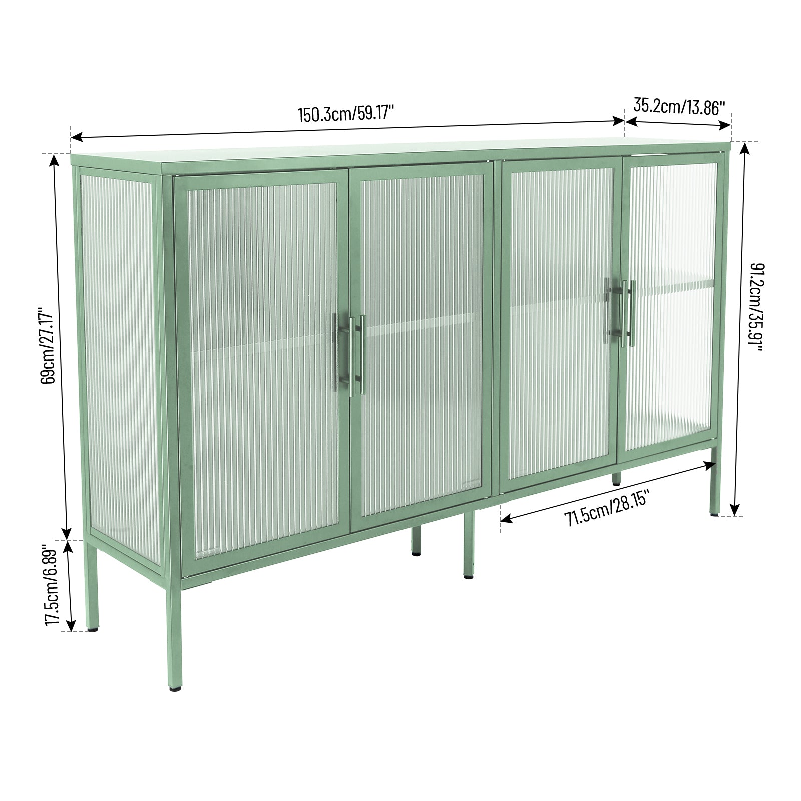 Stylish 4 Door Tempered Glass Cabinet with 4 Glass mint green-tempered glass+sheet metal+plastic