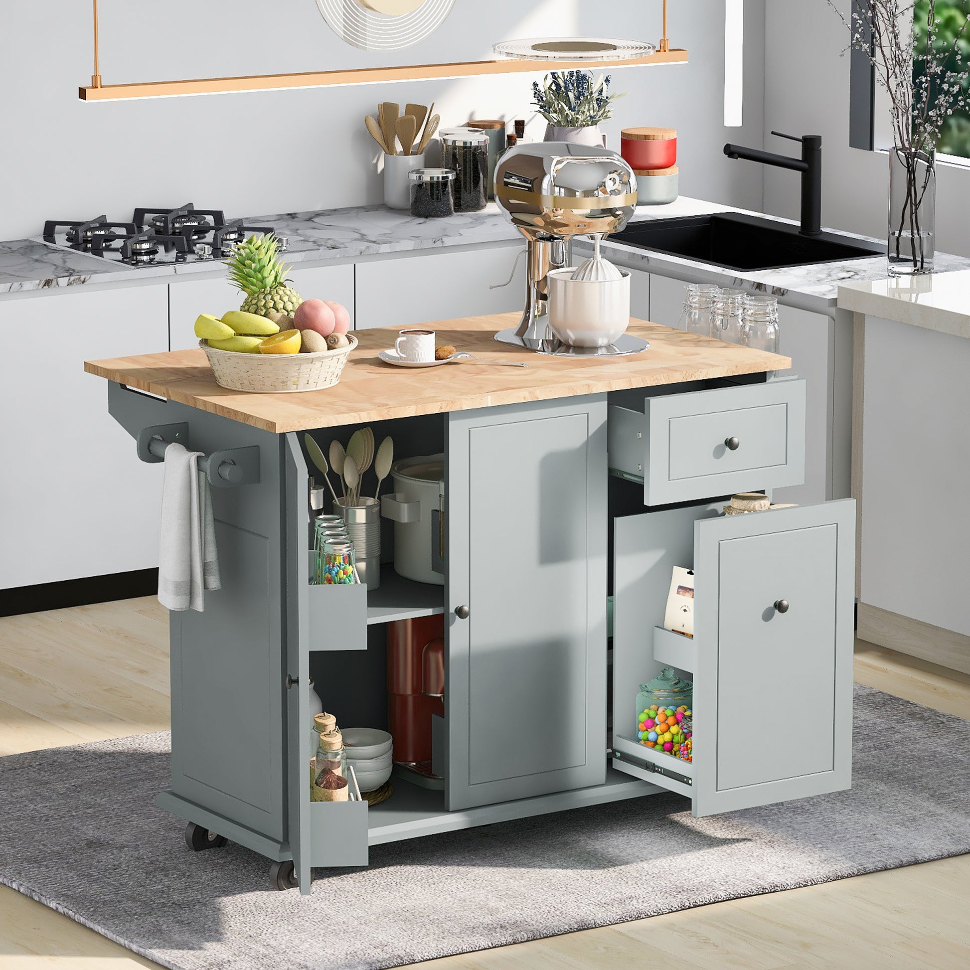 Kitchen Island with Drop Leaf, 53.9" Width Rolling