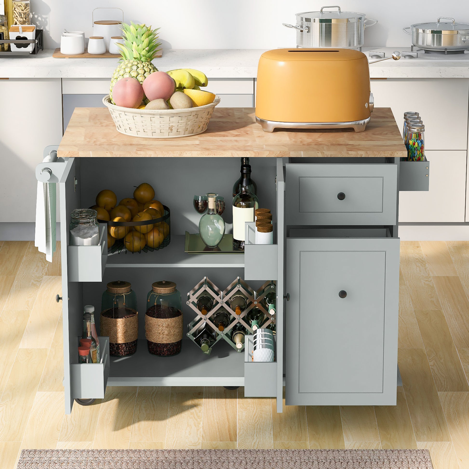 Kitchen Island with Drop Leaf, 53.9" Width Rolling