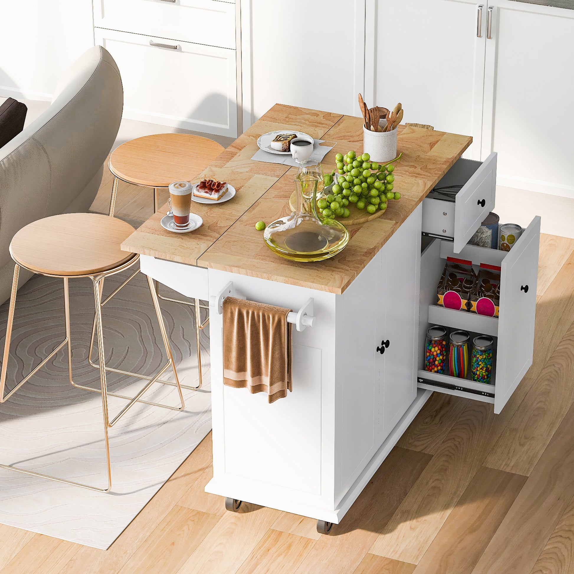 Kitchen Island with Drop Leaf, 53.9" Width Rolling