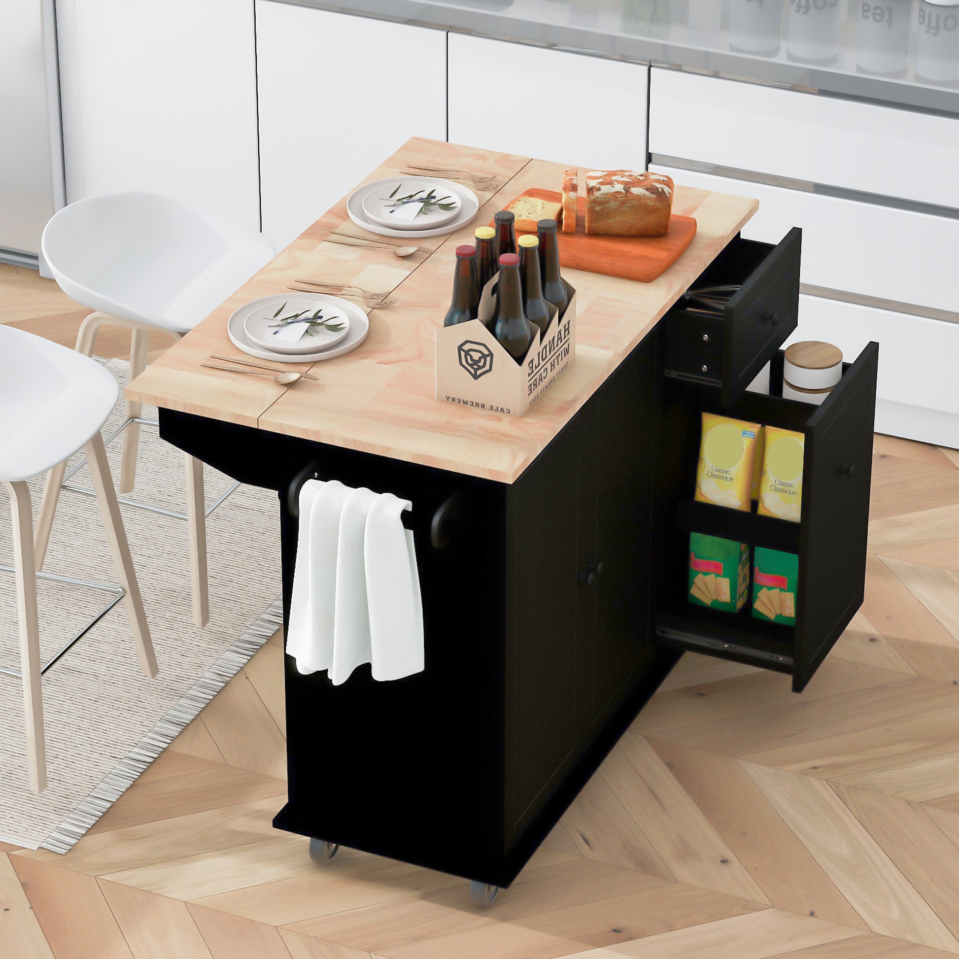 Kitchen Island with Drop Leaf, 53.9" Width Rolling