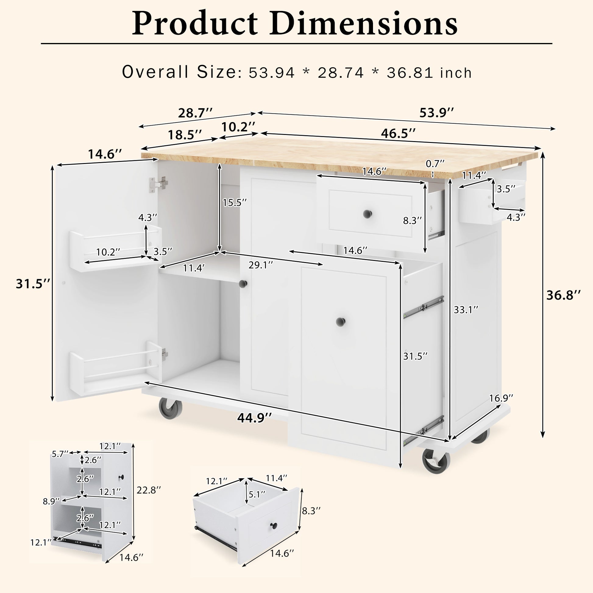 Kitchen Island with Drop Leaf, 53.9" Width Rolling