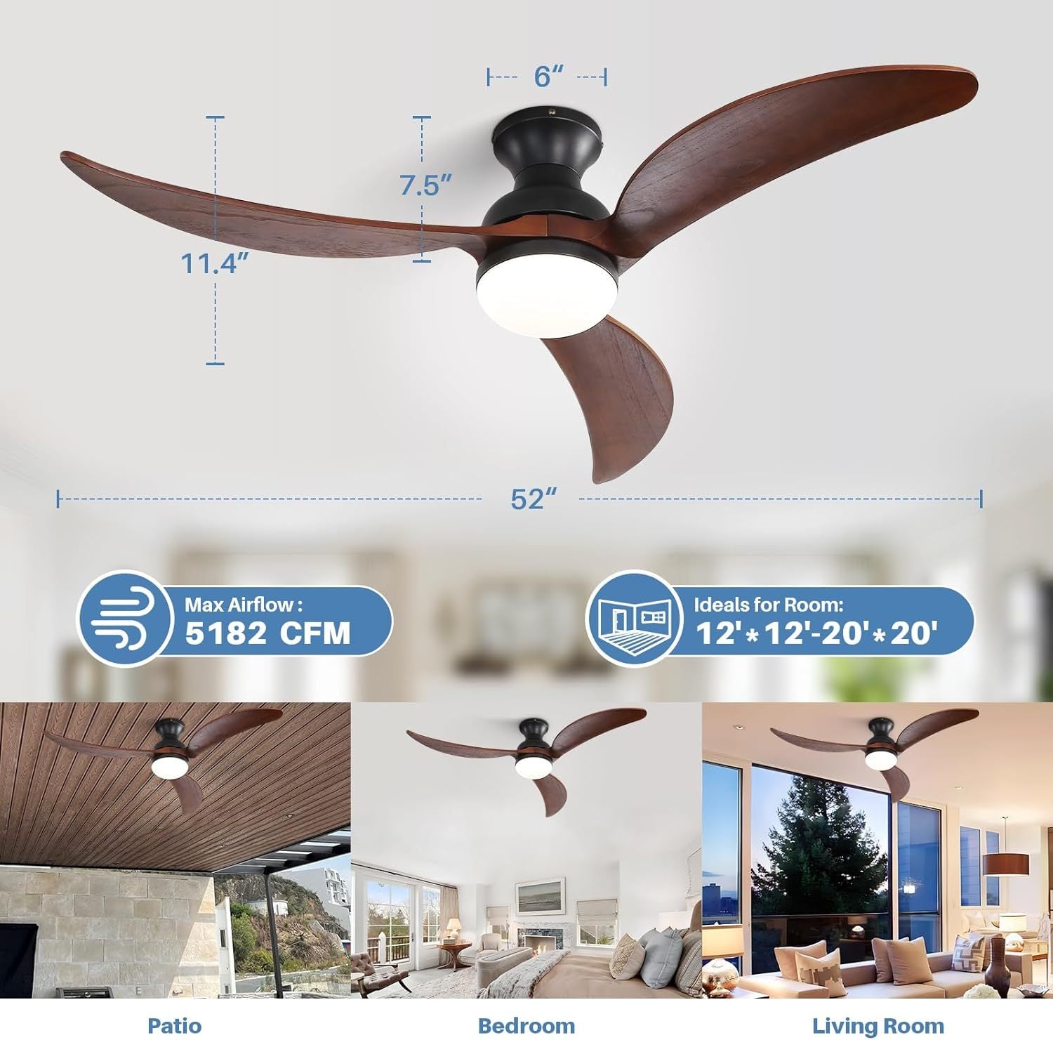 52 Inch Modern Ceiling Fan With 3 Color Dimmable