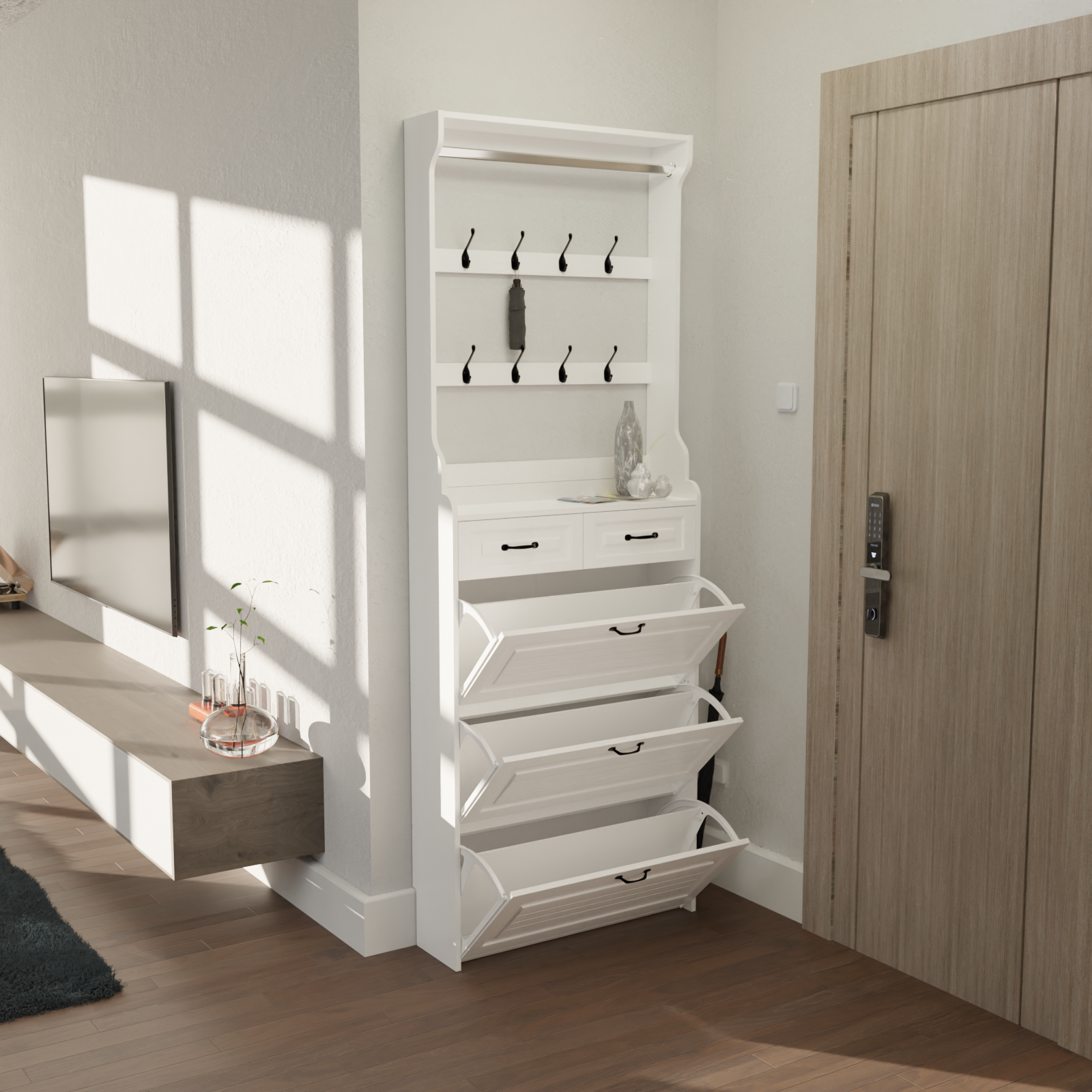 White color shoe cabinet with 3 doors 2 drawers