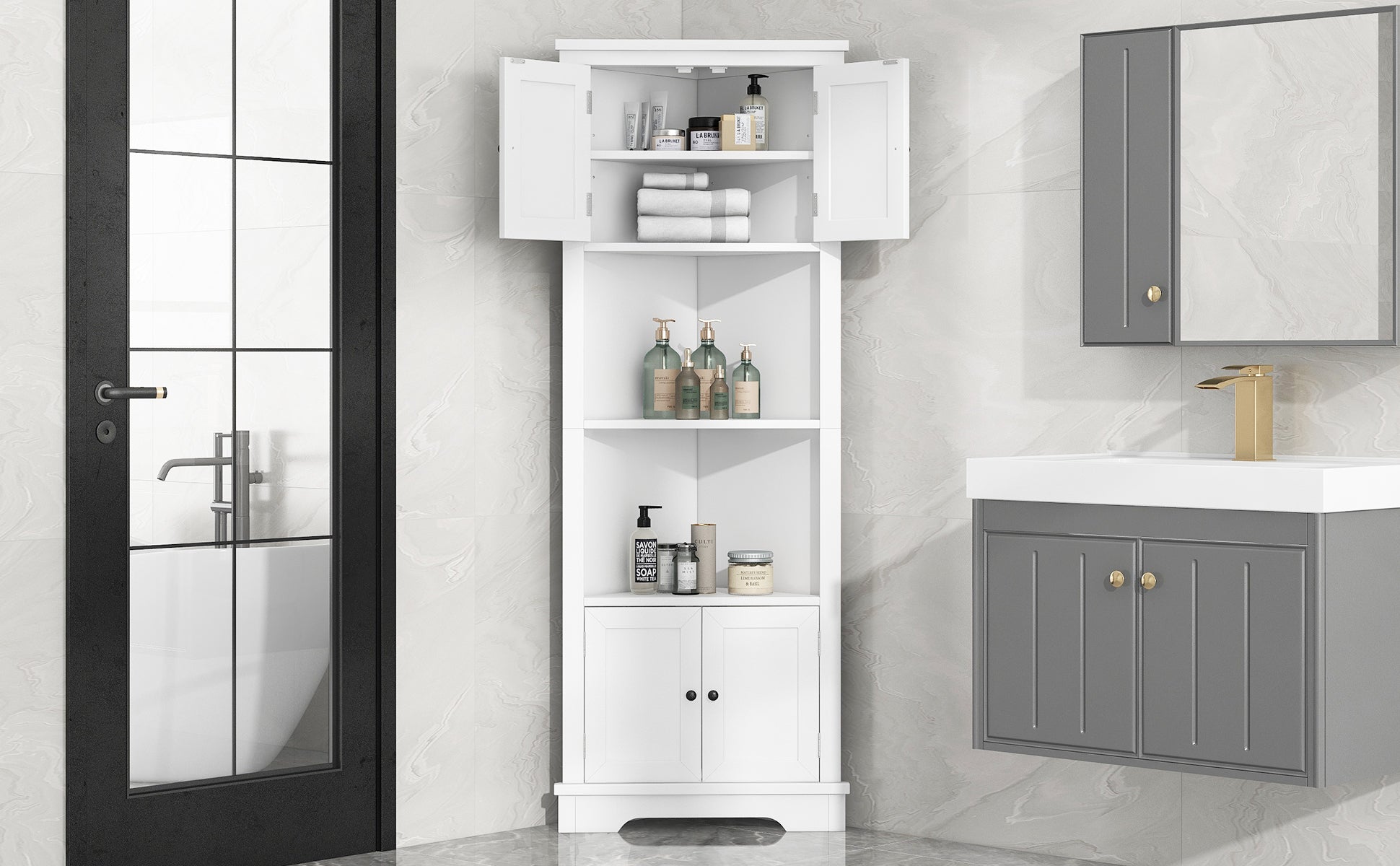 Tall Bathroom Storage Cabinet, Corner Cabinet with white-mdf