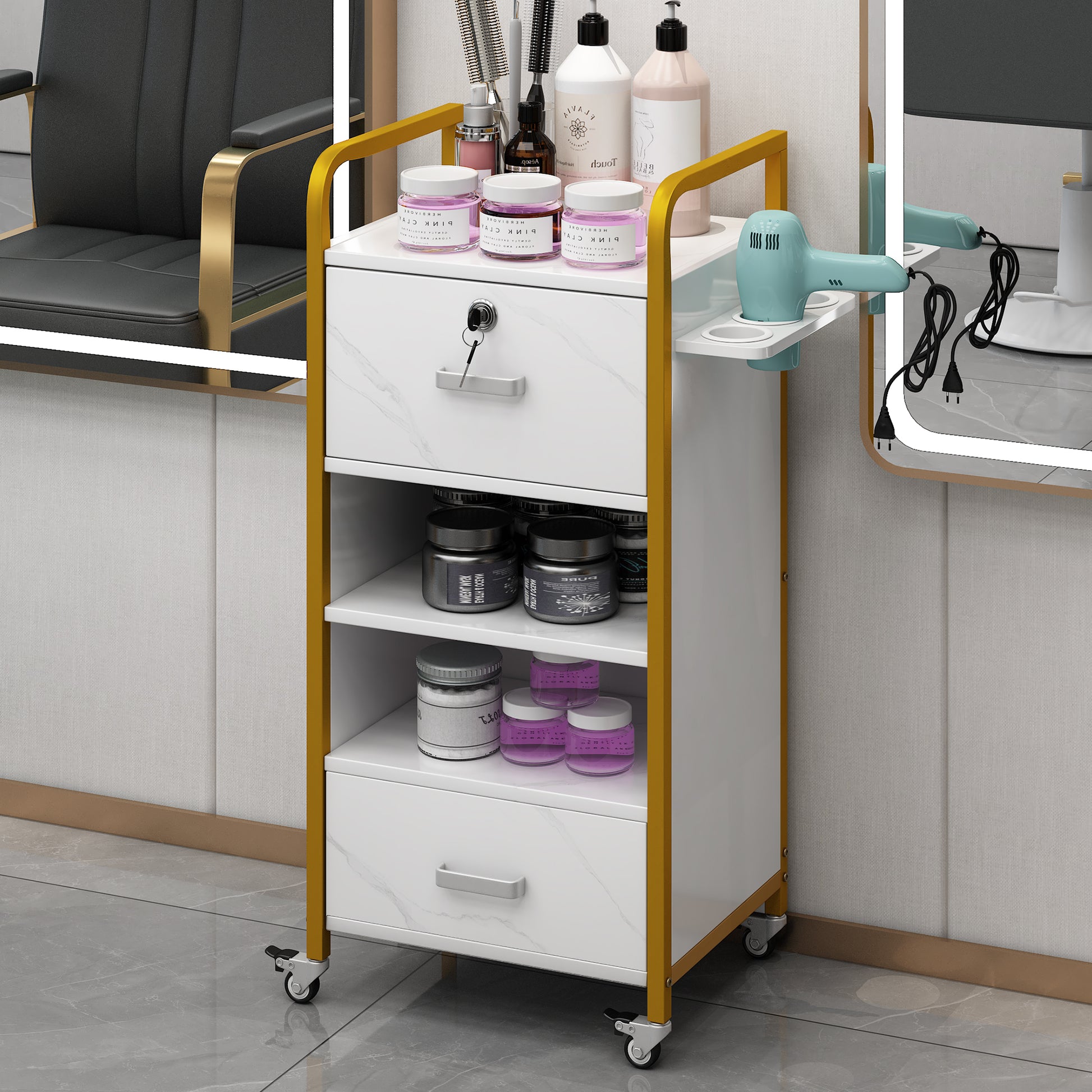 Locking Salon Storage Cabinet,Beauty Barber Salon gold+white-modern-mdf-mdf+metal