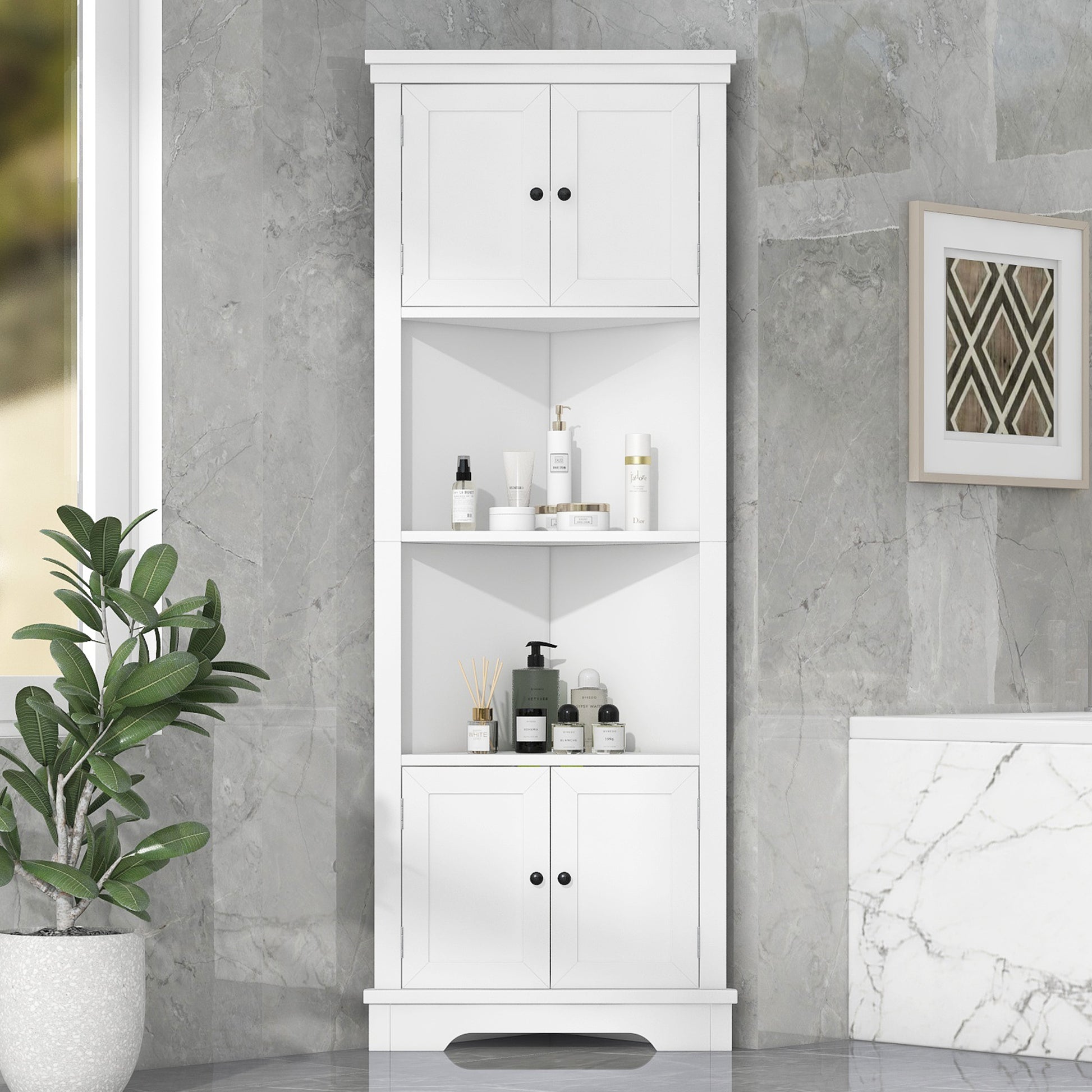 Tall Bathroom Storage Cabinet, Corner Cabinet with white-mdf