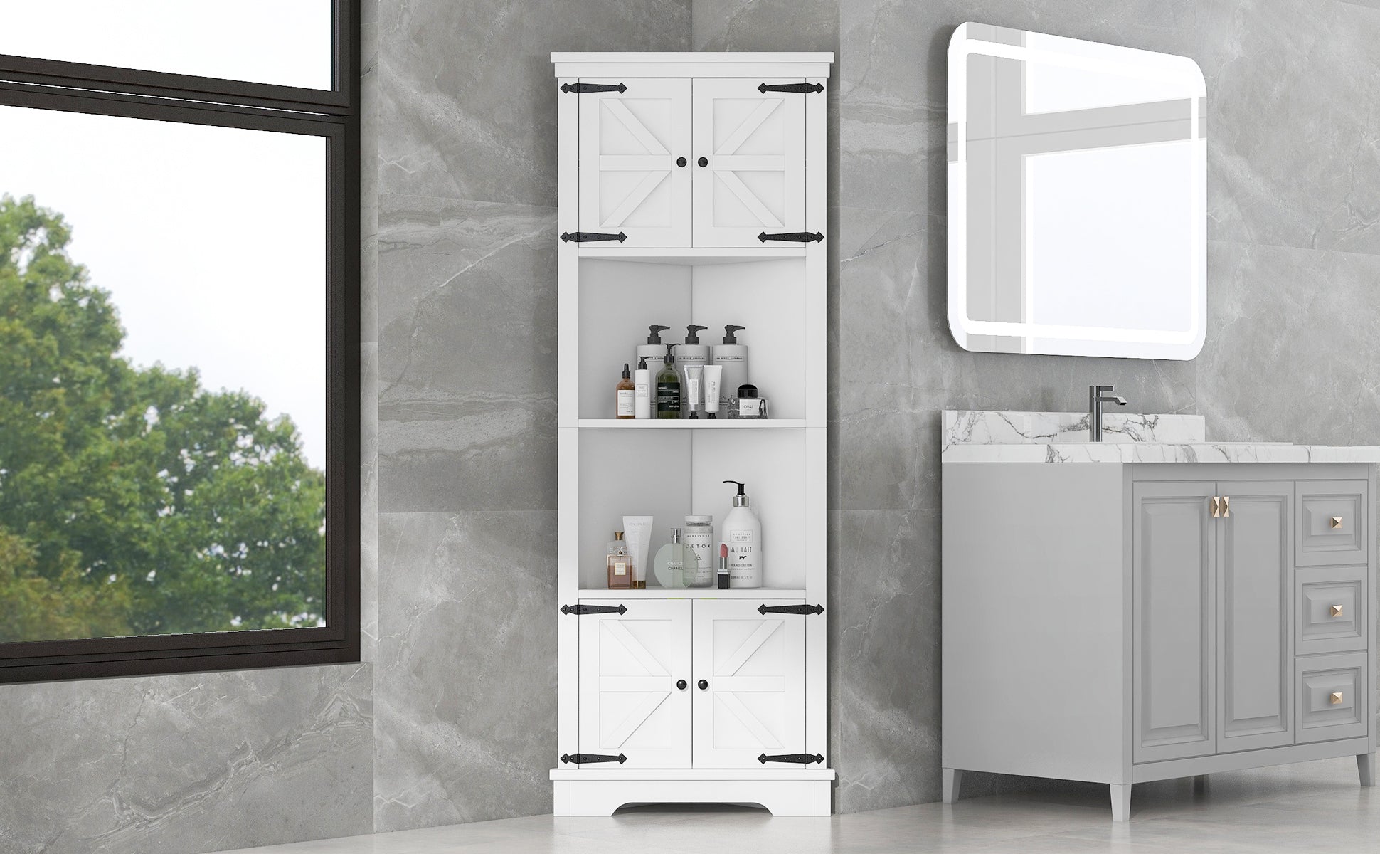 Tall Bathroom Storage Cabinet, Corner Cabinet with white-mdf