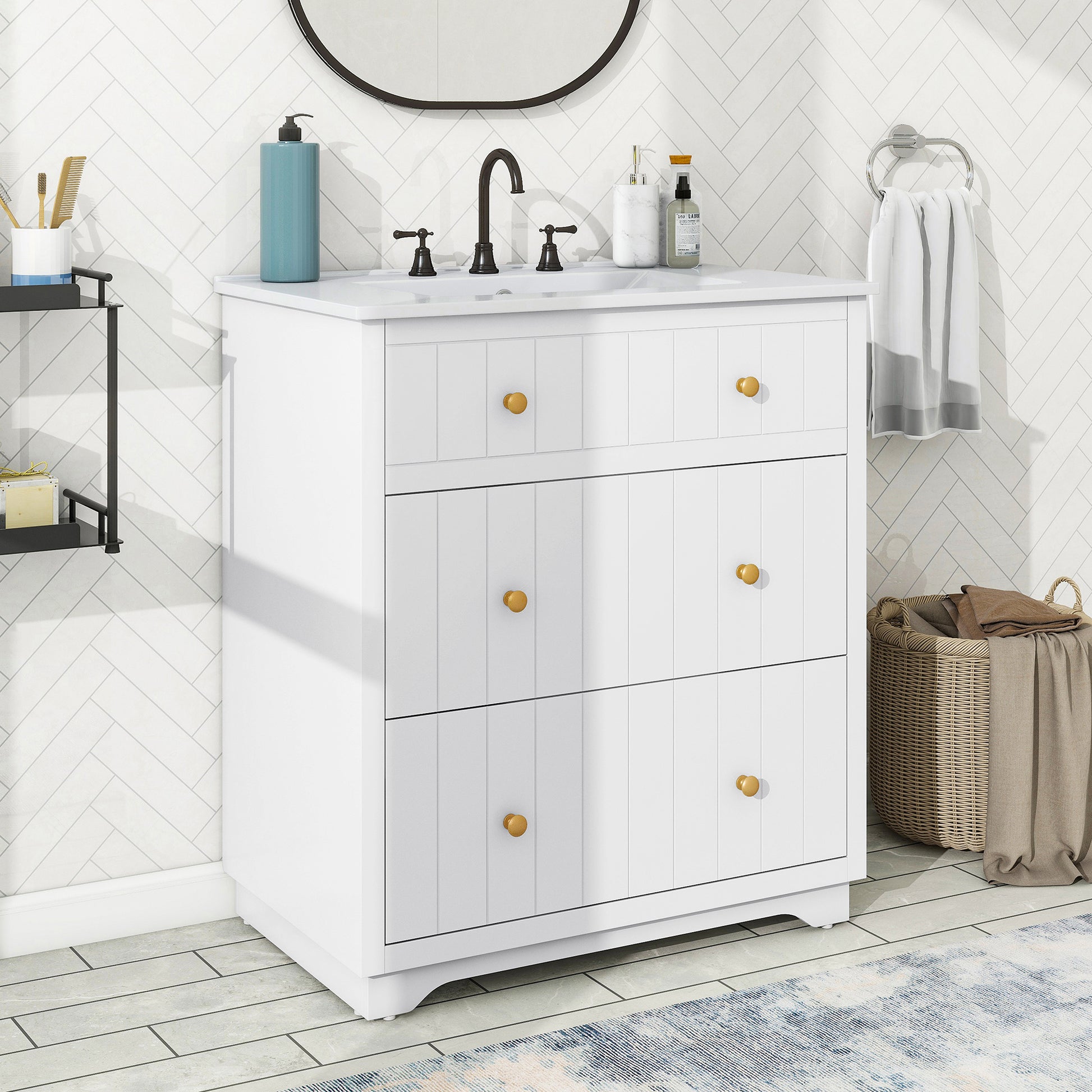 Video 30 Inch Modern White Bathroom Vanity Cabinet white-mdf