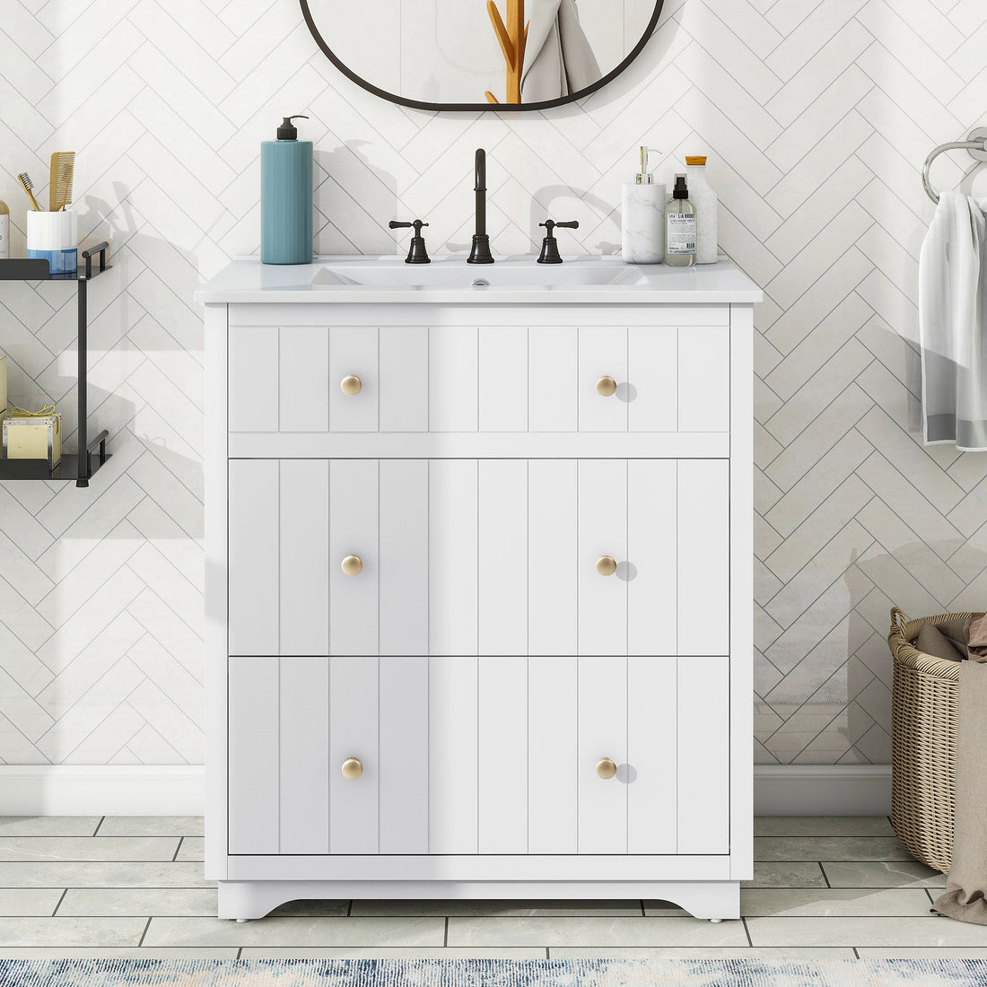 Video 30 Inch Modern White Bathroom Vanity Cabinet white-mdf