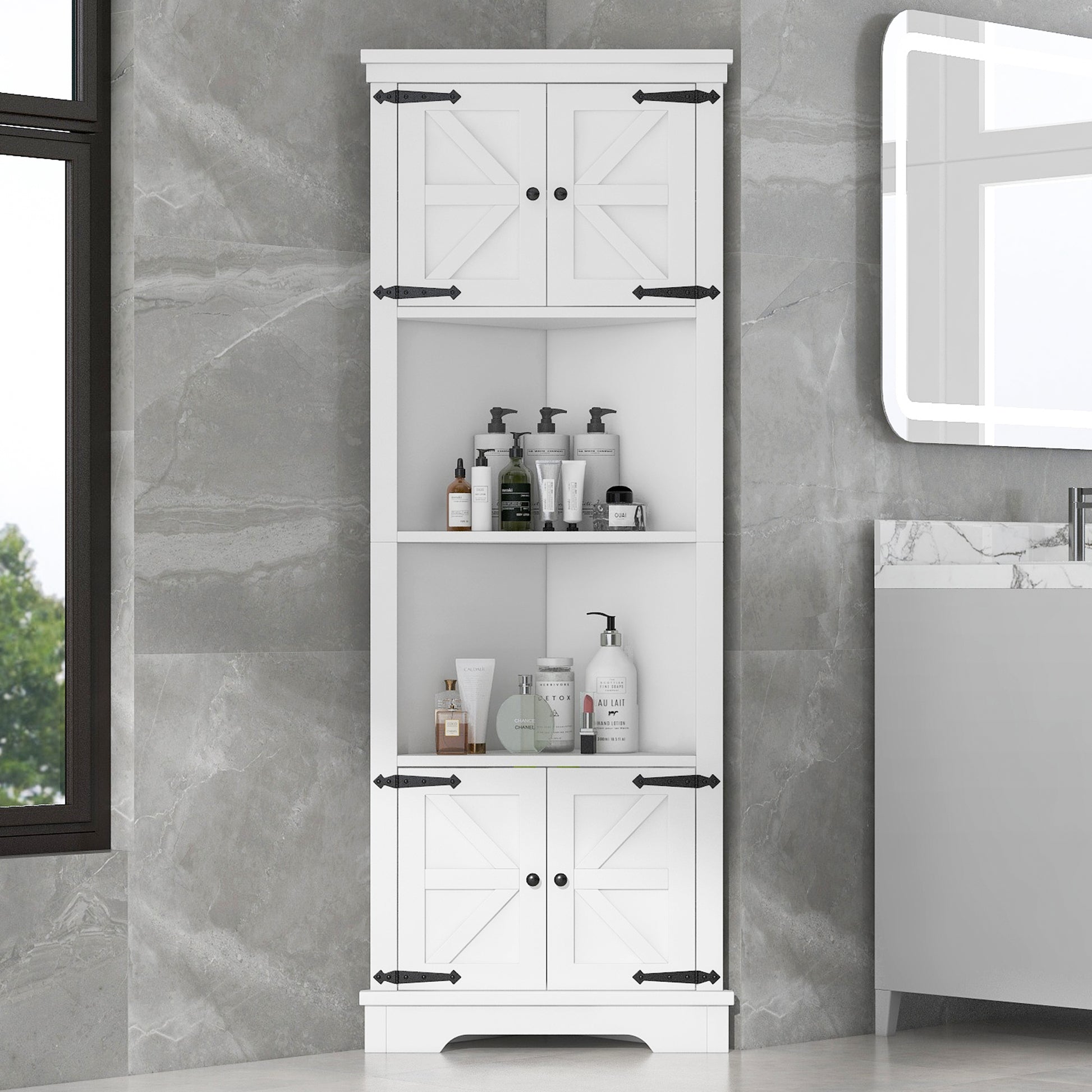 Tall Bathroom Storage Cabinet, Corner Cabinet with white-mdf