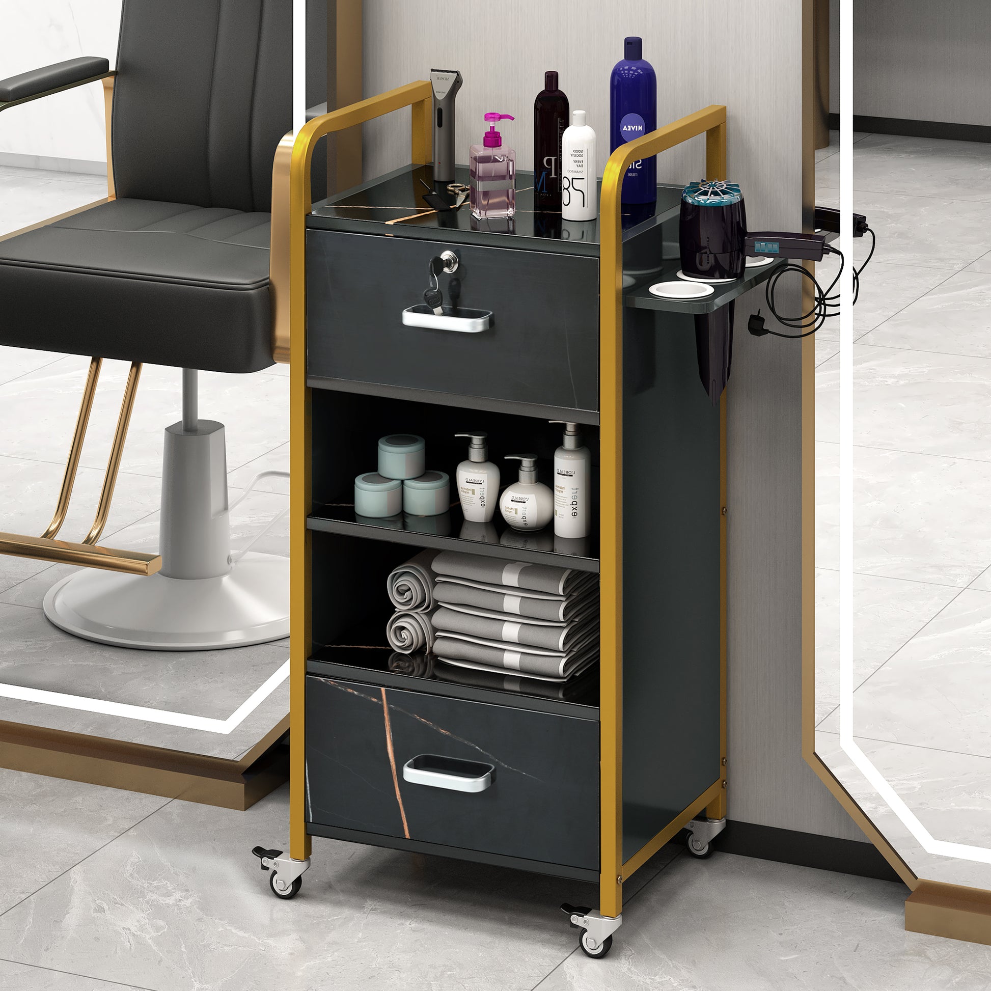 Locking Salon Storage Cabinet,Beauty Barber Salon gold+black-modern-mdf-mdf+metal