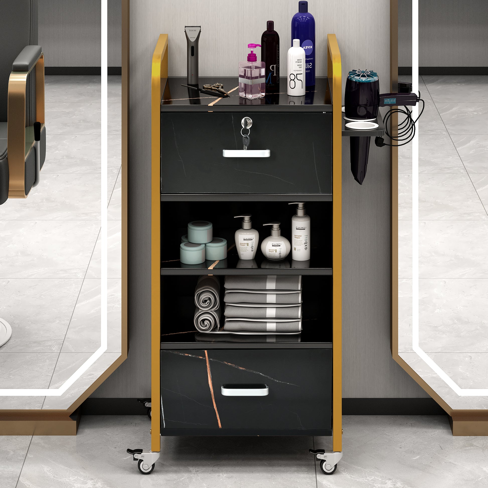 Locking Salon Storage Cabinet,Beauty Barber Salon gold+black-modern-mdf-mdf+metal