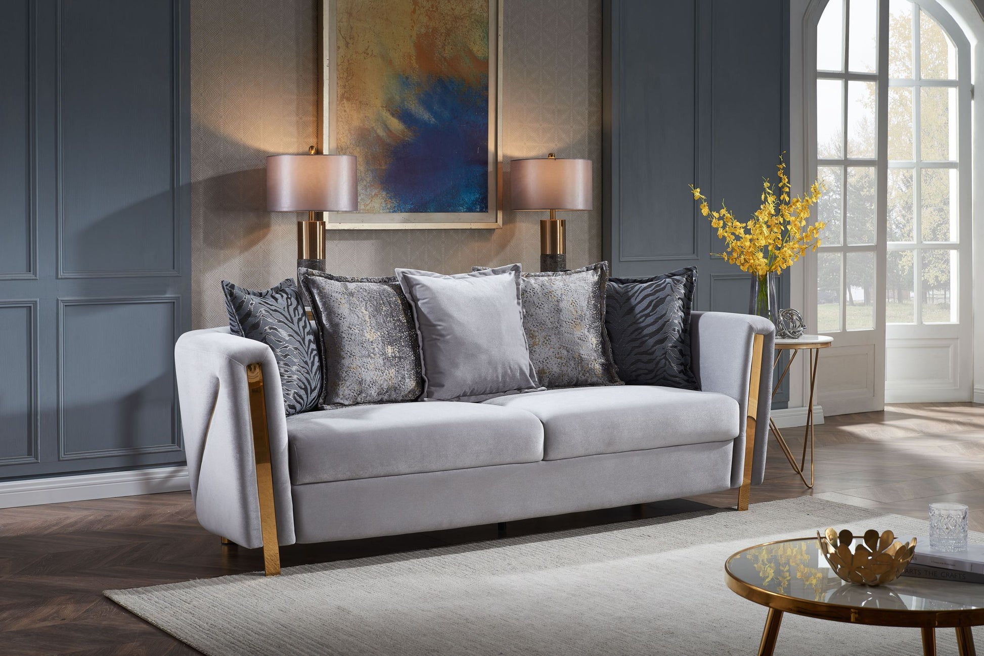 Chanelle Thick Velvet Fabric Upholstered Sofa Made gray-velvet-wood-primary living