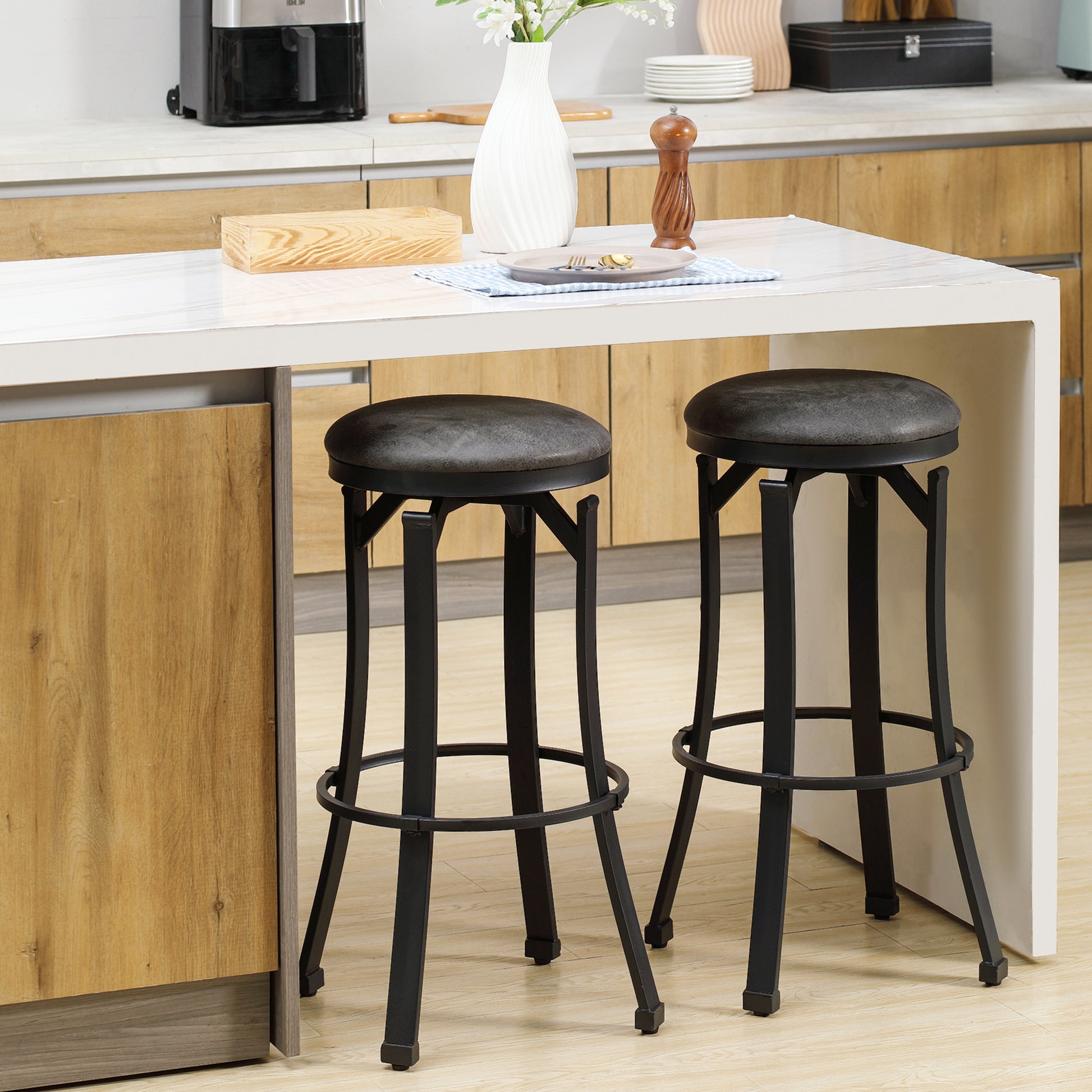 Bar Stools Set of 2, Vintage Barstools with Footrest gray-microfiber