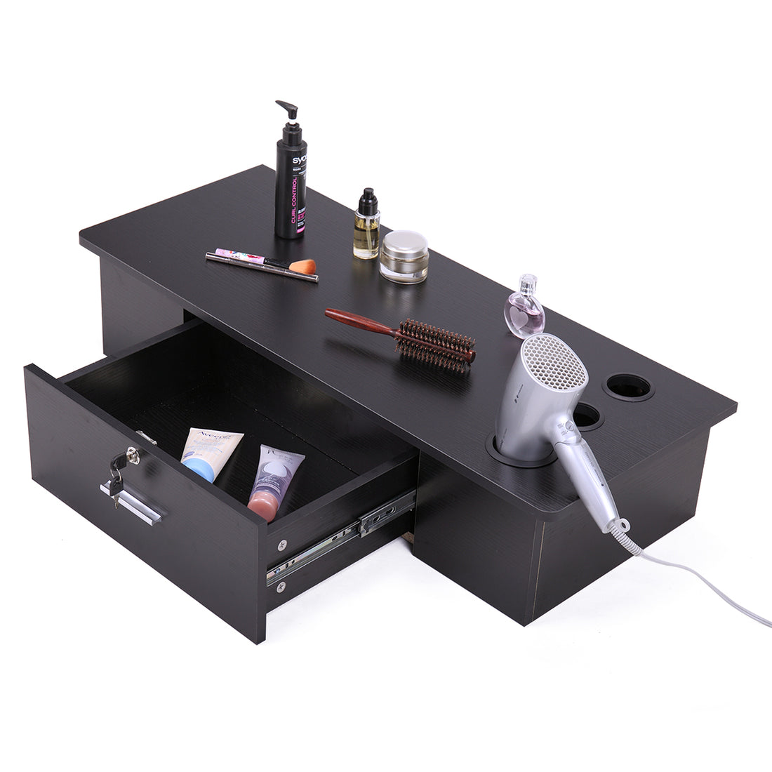 Classic Wall Mounted Styling Station with Drawer and black-particle board