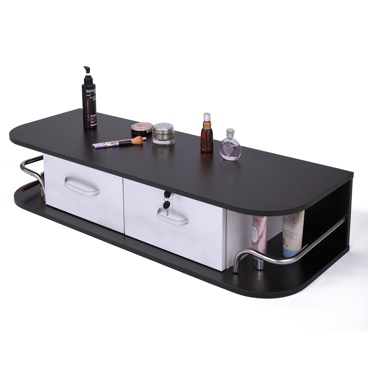 Wall Mounted Barber Station, Beauty Table with Locking black white-particle board