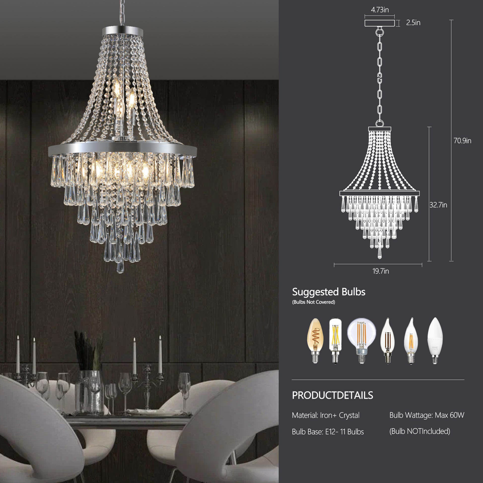 Chromium color Crystal Chandeliers,Large Contemporary chrome-luxury-iron