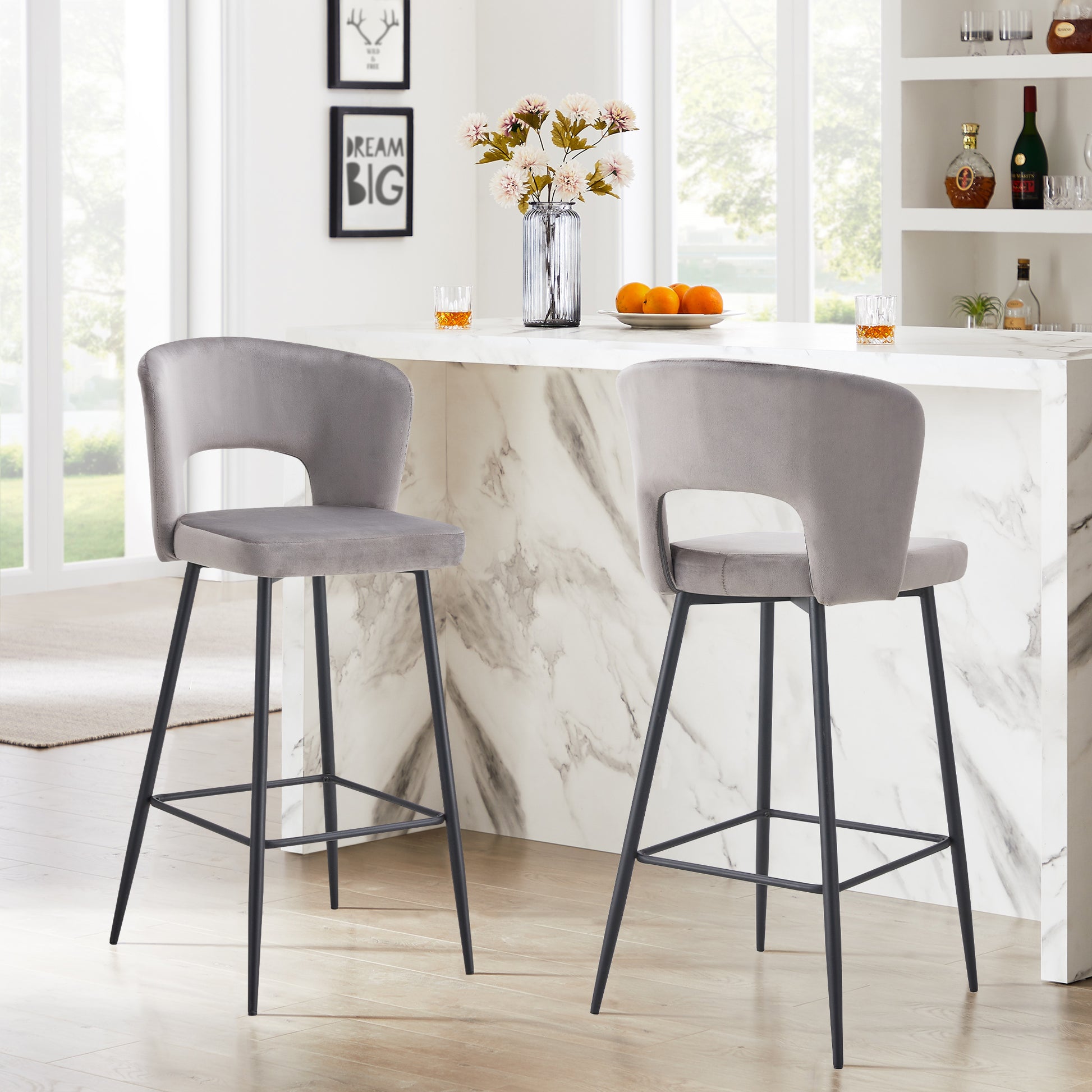 SET OF 2 Gray Fashion velvet stool, Counter Height gray-bar stools & counter stools-velvet-garden &