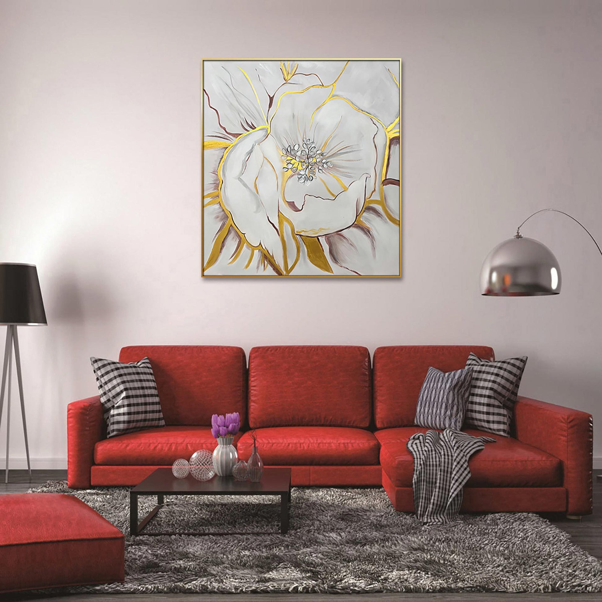 Home Hand Painted "Gilded Petal Perspective" Oil white+gold-canvas