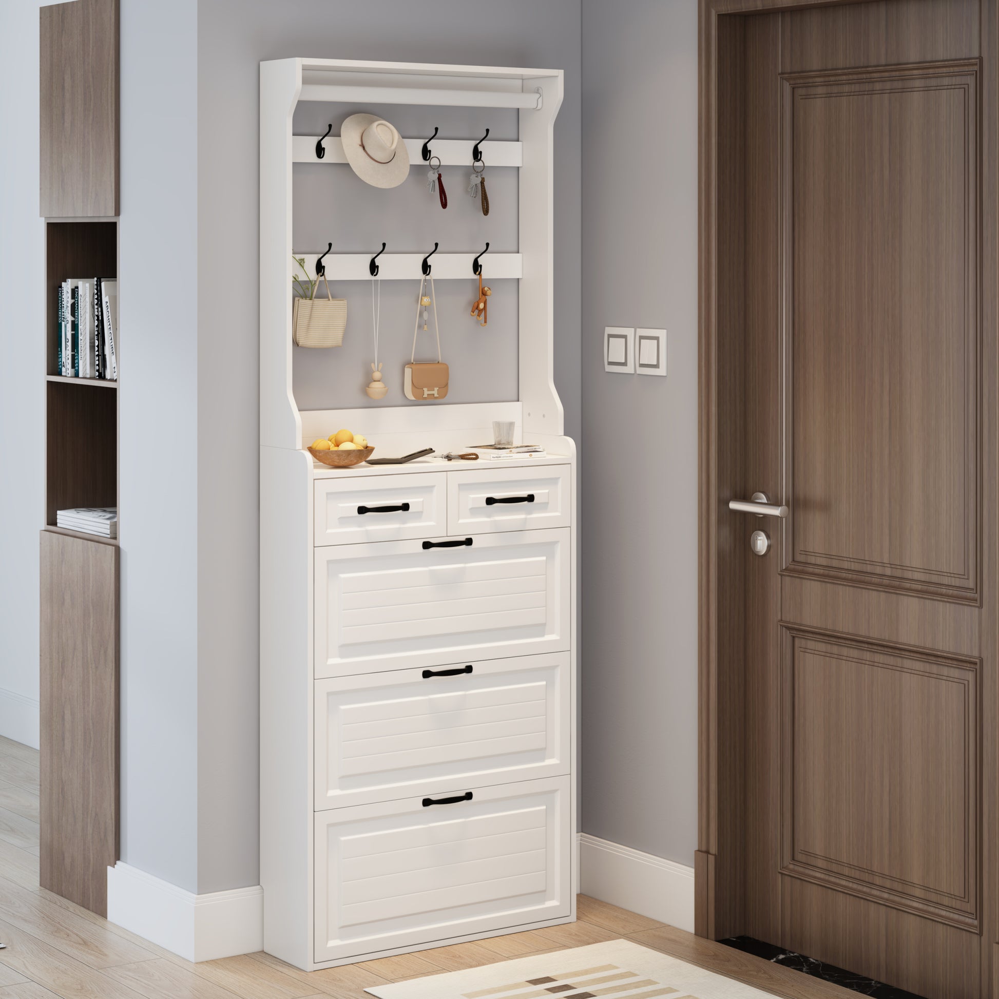 White color shoe cabinet with 3 doors 2 drawers