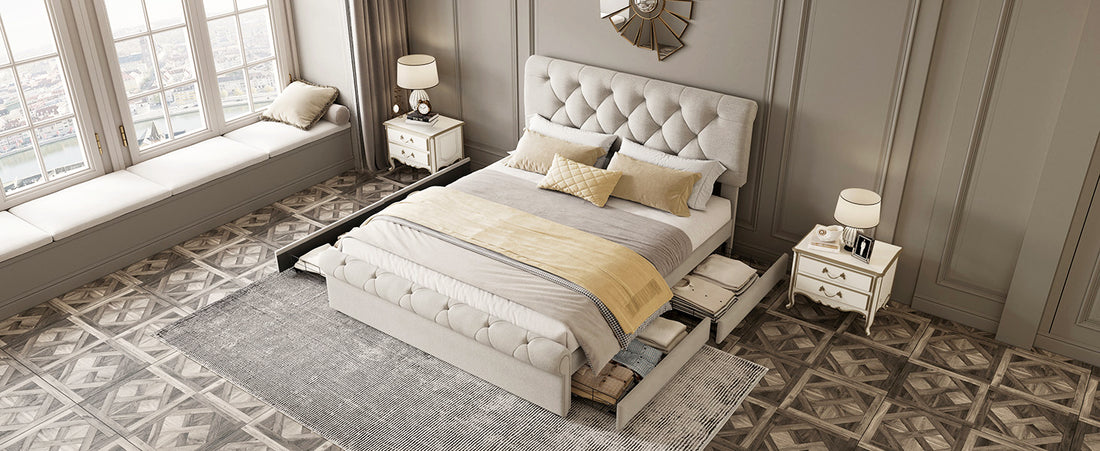 Queen size Upholstered Platform bed with Four Drawers queen-beige-linen