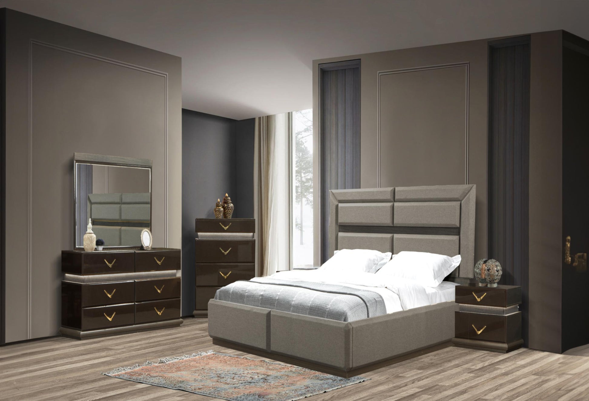 Dunhill Modern Style 5 Pc Queen Bedroom Set Made with box spring not required-queen-brown-wood-5 piece