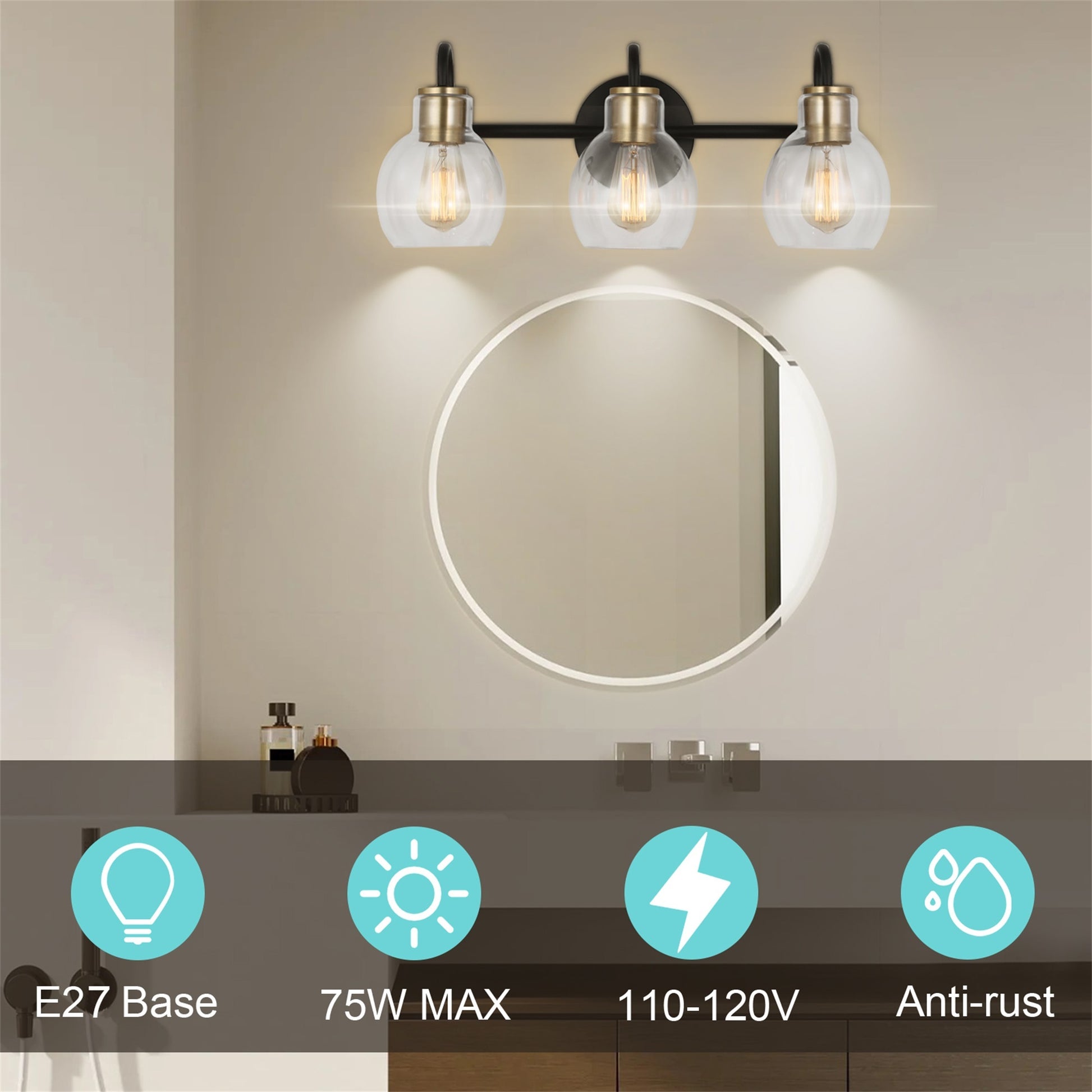 3 Bulb Waterproof Wall Sconce Lighting Bathroom