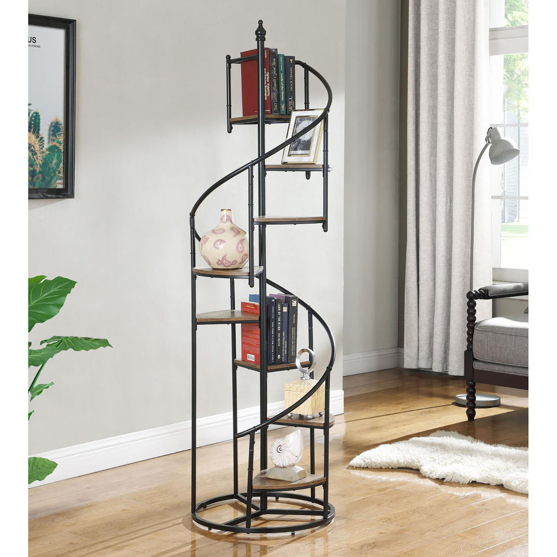 Rustic Brown and Black 8 Shelf Staircase Bookcase 8 or more-brown-ladder-horizontal-office-open