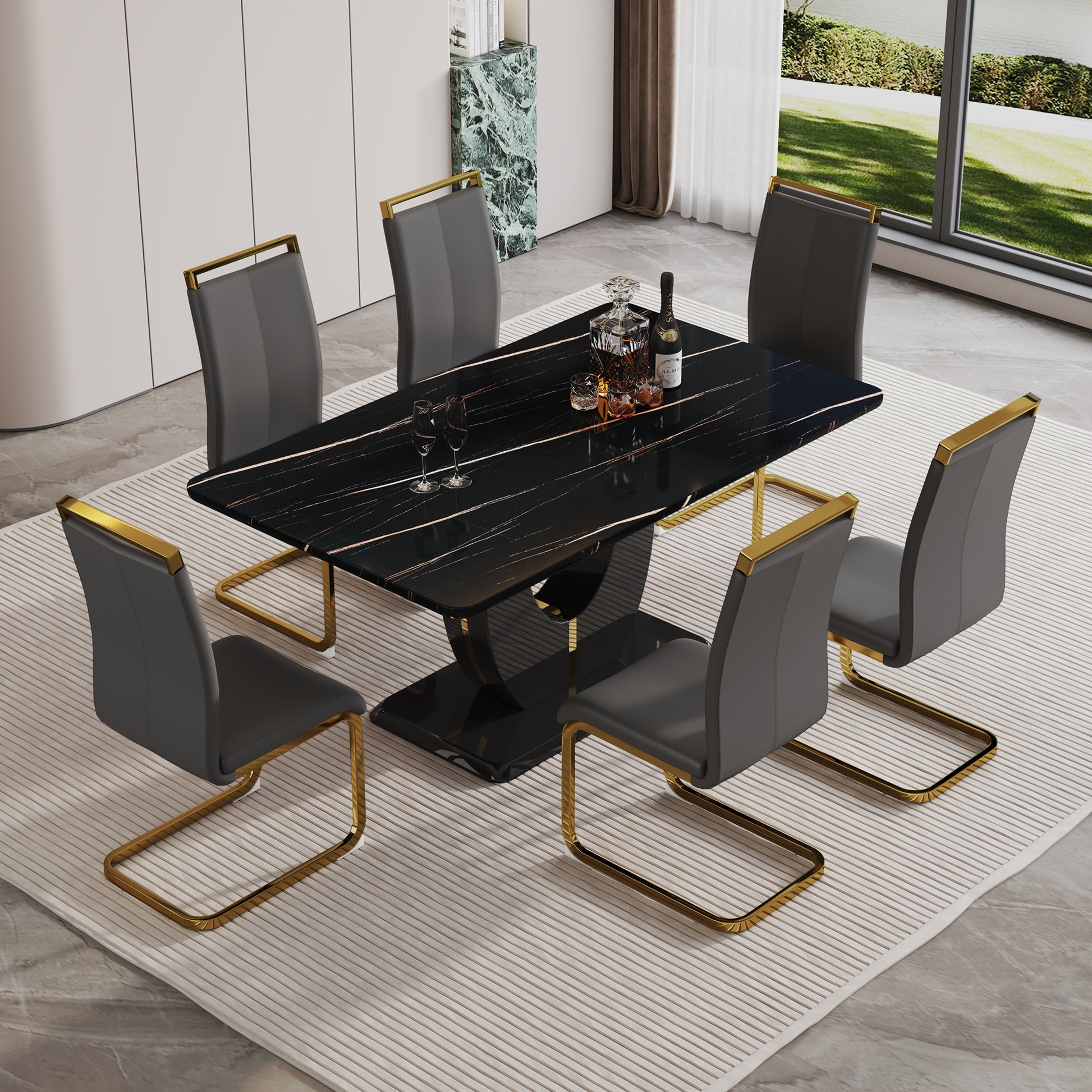 A modern luxurious large black dining table, striped black-mdf