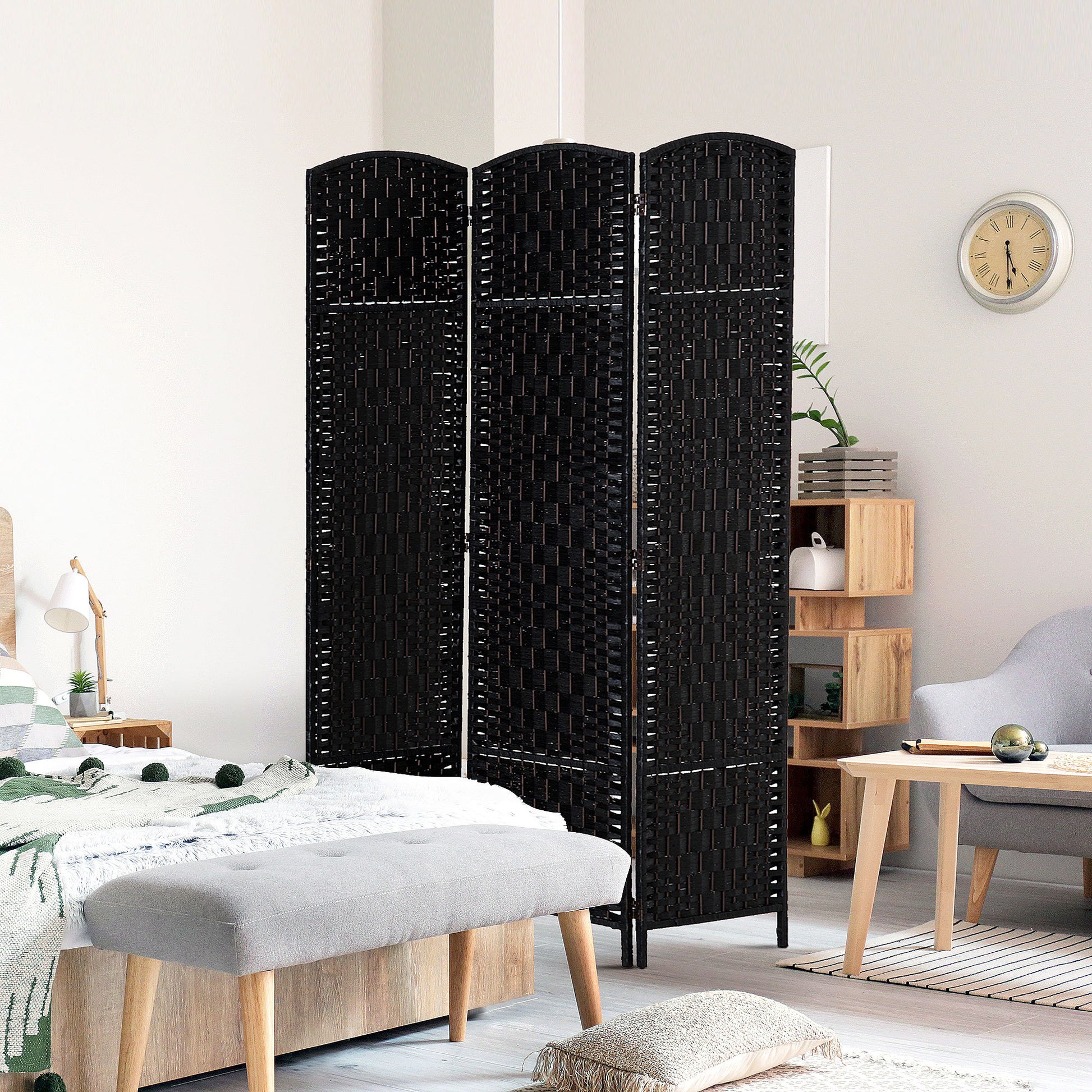 6' Tall Wicker Weave 3 Panel Room Divider Privacy black-wood