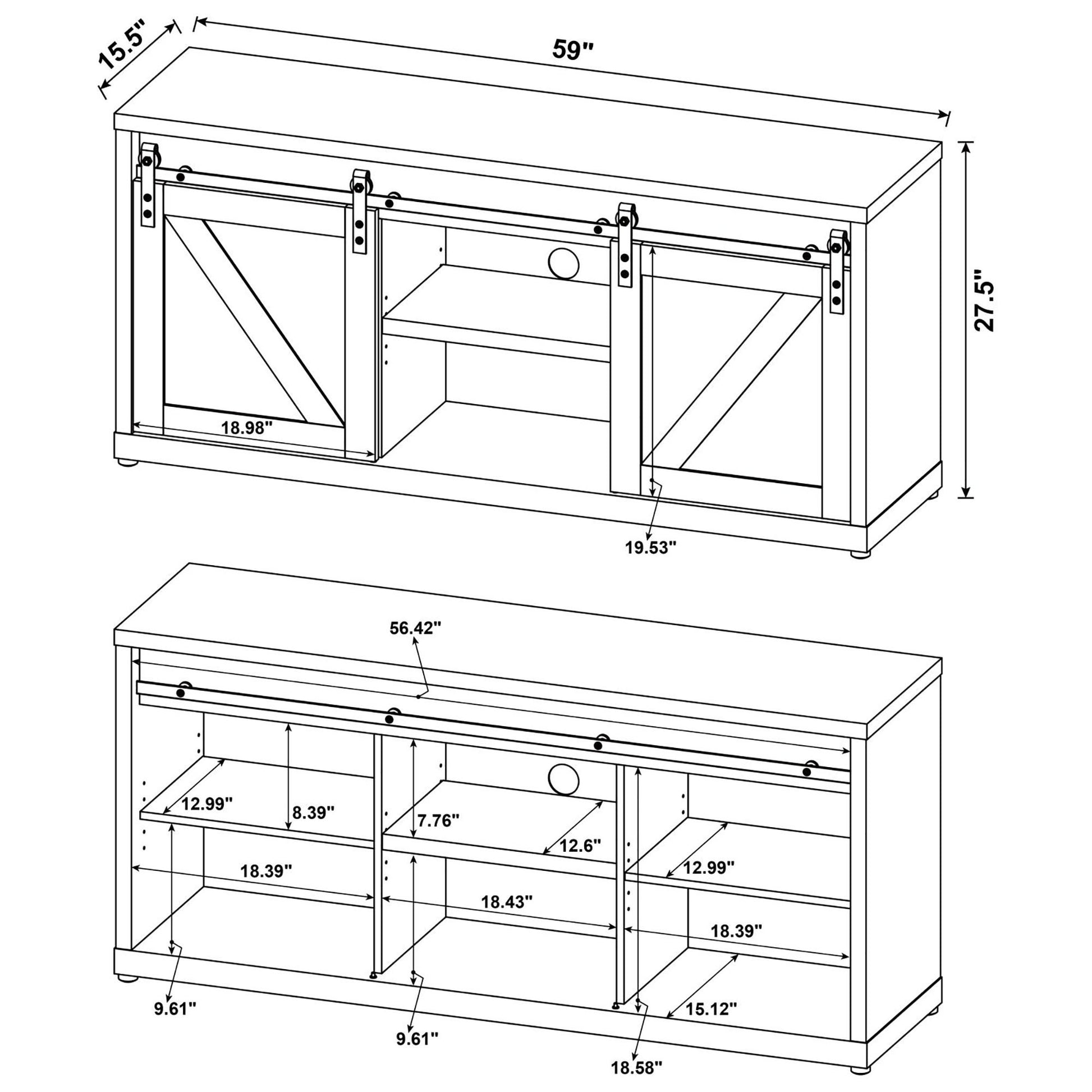 Rustic Oak 59 inch Tv Console with 2 Sliding