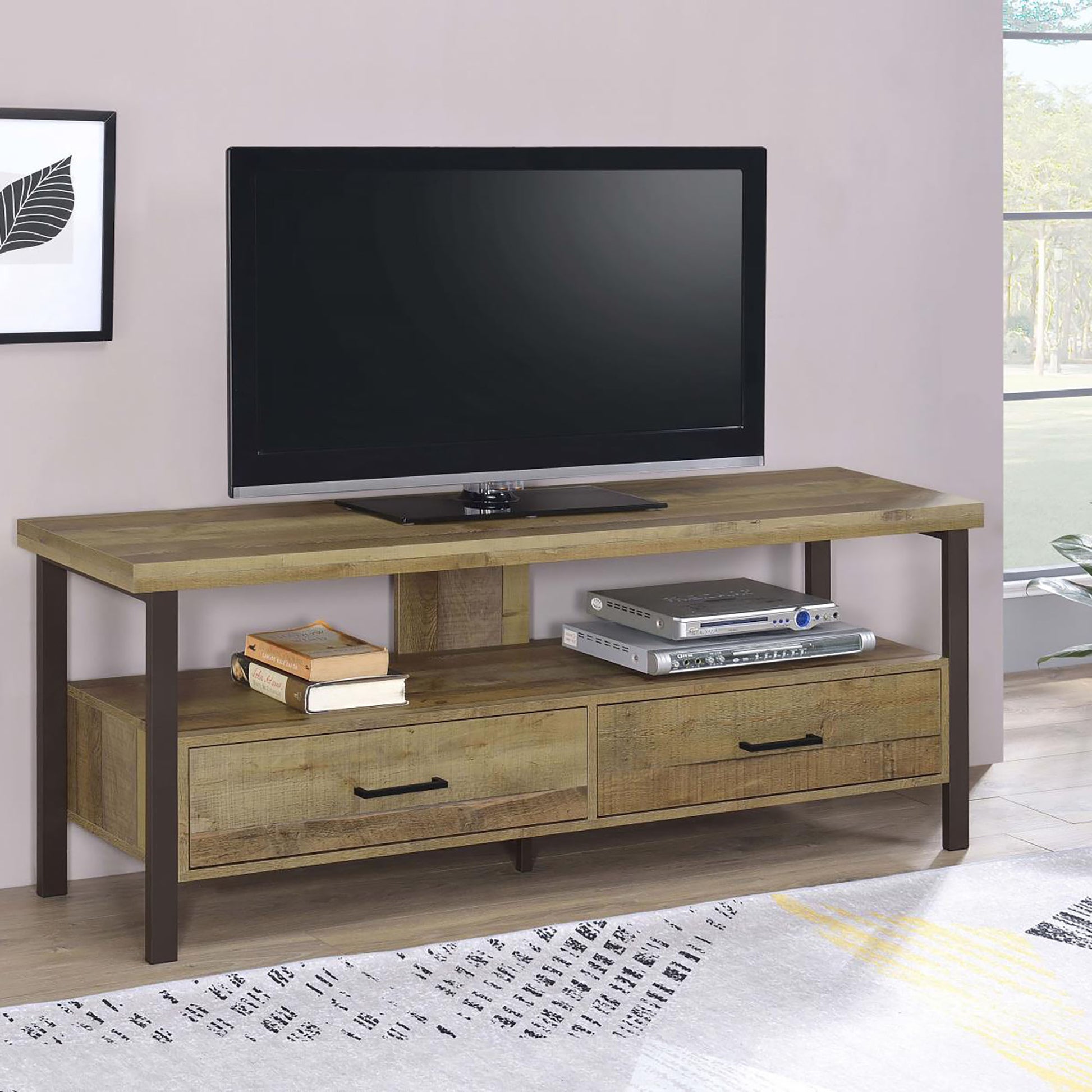 Weathered Pine and Dark Bronze 2 Drawer TV Console brown-primary living space-50-59 inches-60-69