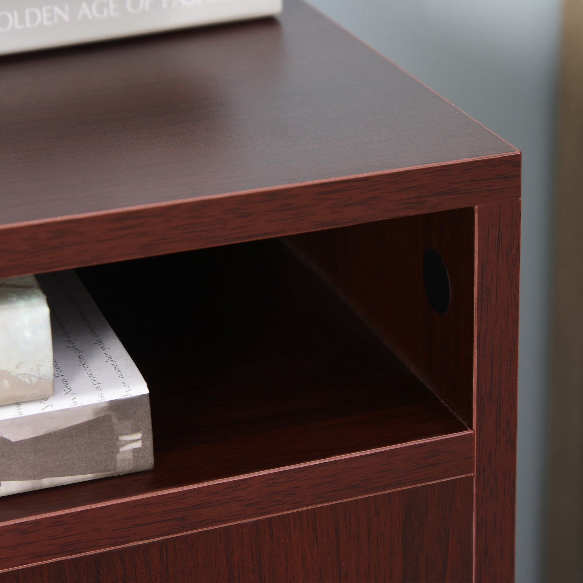 Mobile Storage Cabinet Organizer with Drawer and brown-particle board