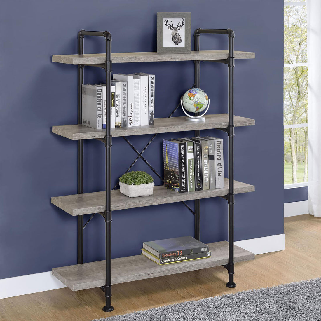 Grey Driftwood and Black 4 Shelf Bookcase