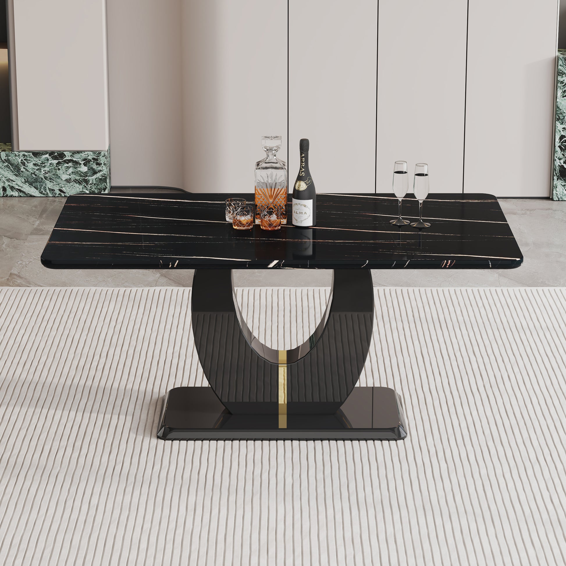 A modern luxurious large black dining table, striped black-mdf