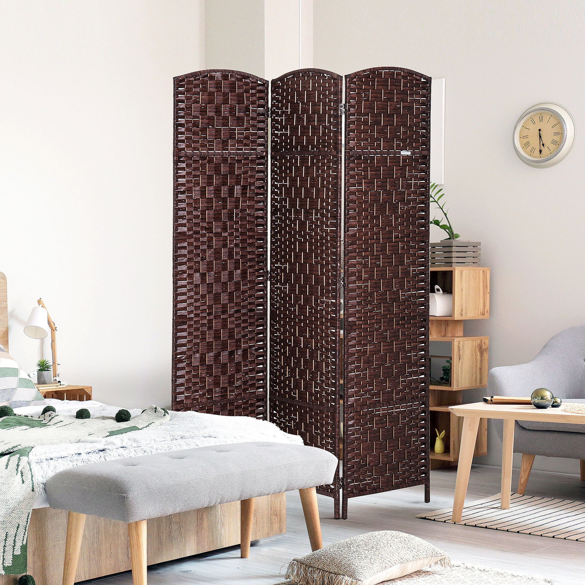 6' Tall Wicker Weave 3 Panel Room Divider Privacy brown-wood