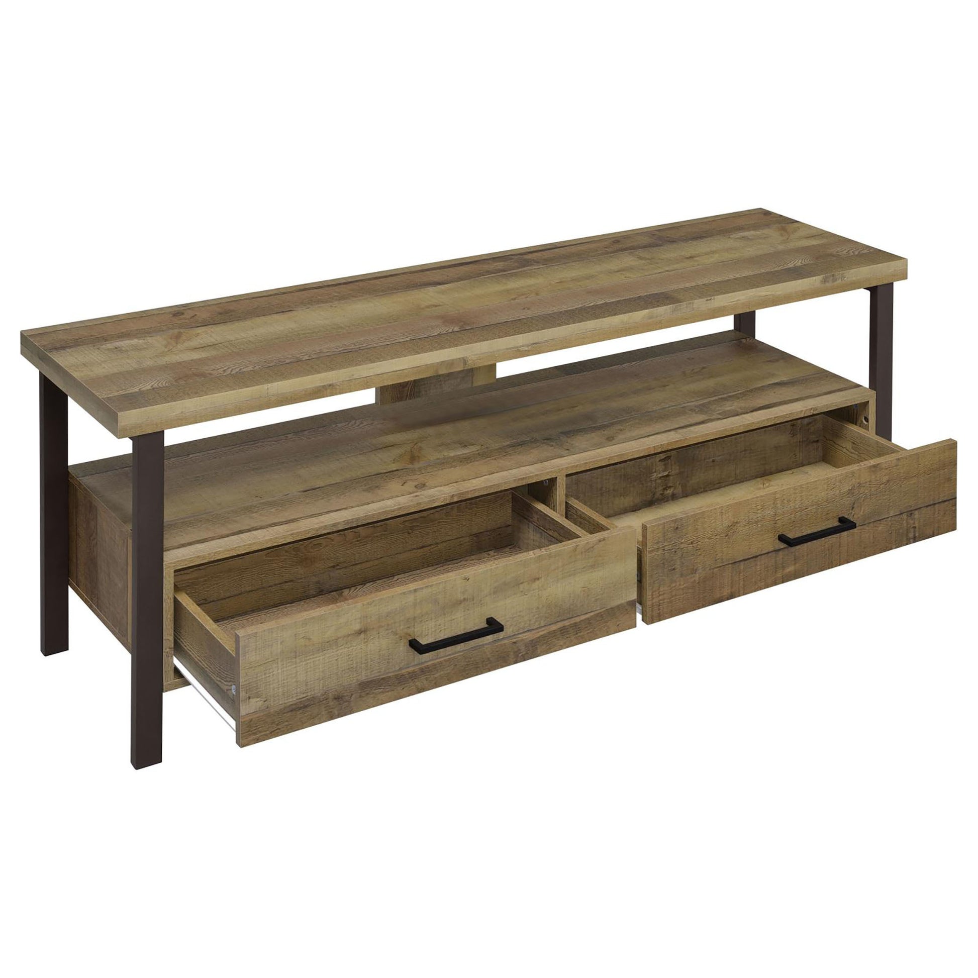 Weathered Pine and Dark Bronze 2 Drawer TV Console brown-primary living space-50-59 inches-60-69