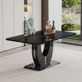 A modern luxurious large black dining table, striped black-mdf