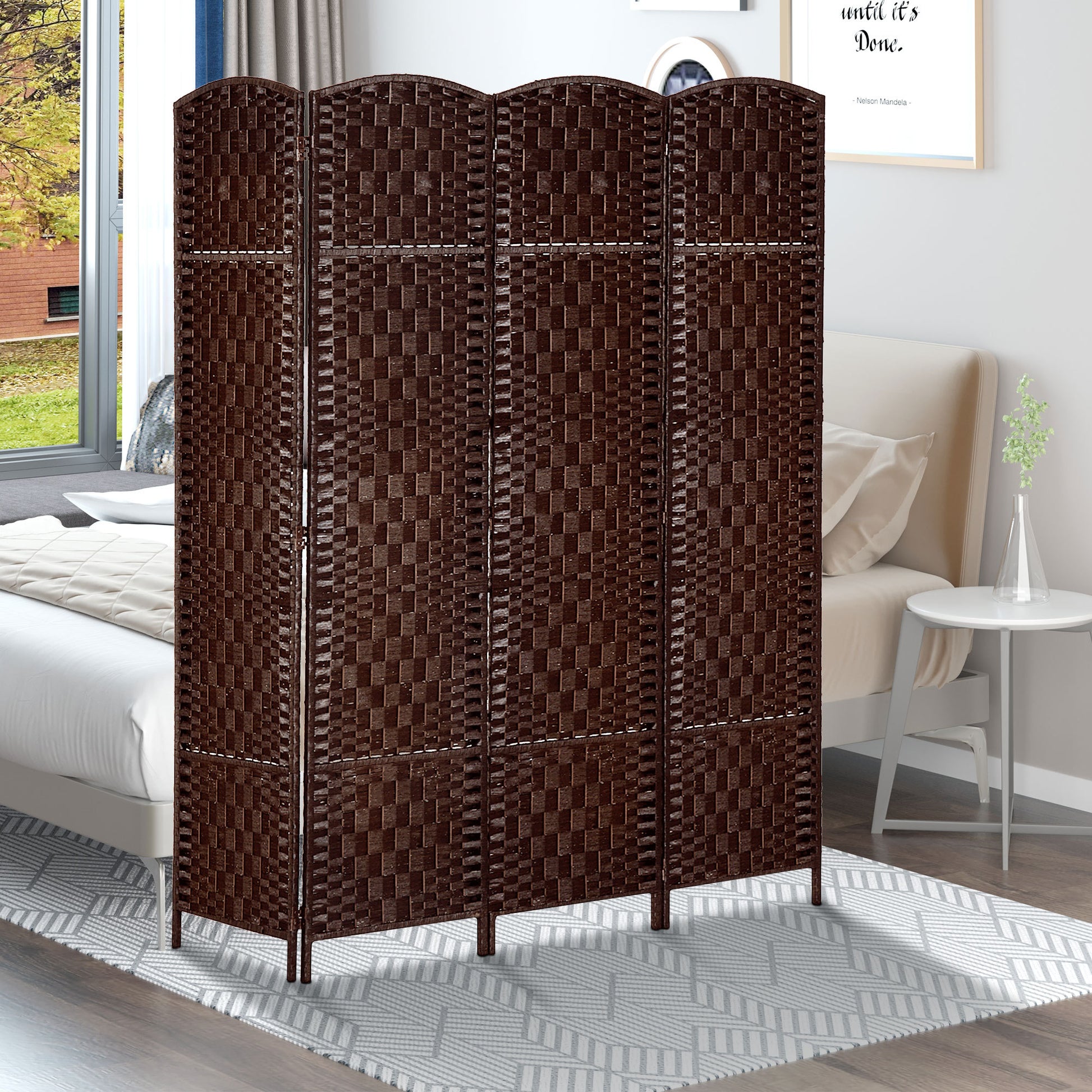 6' Tall Wicker Weave 4 Panel Room Divider Privacy brown-wood