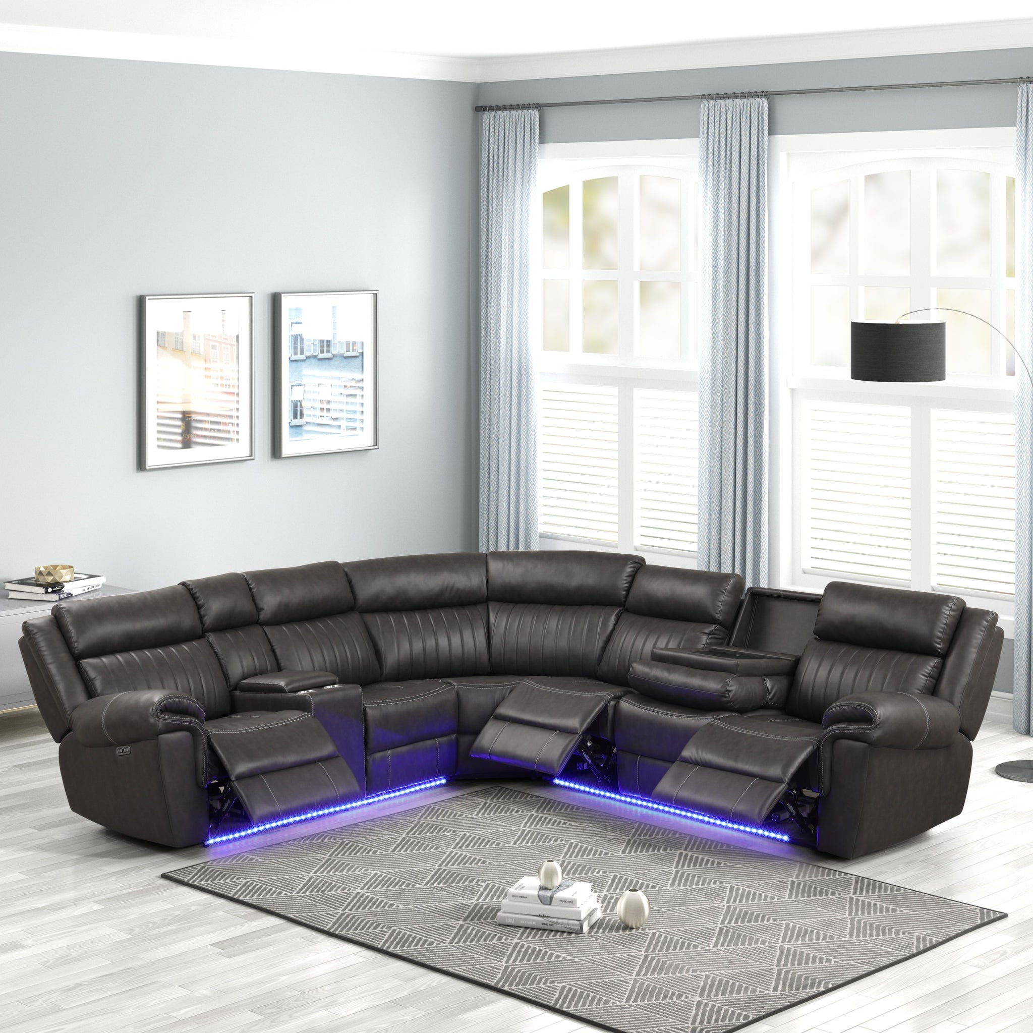 Aviator Modern Style Recliner Sectional Sofa made with gray-faux leather-wood-primary living