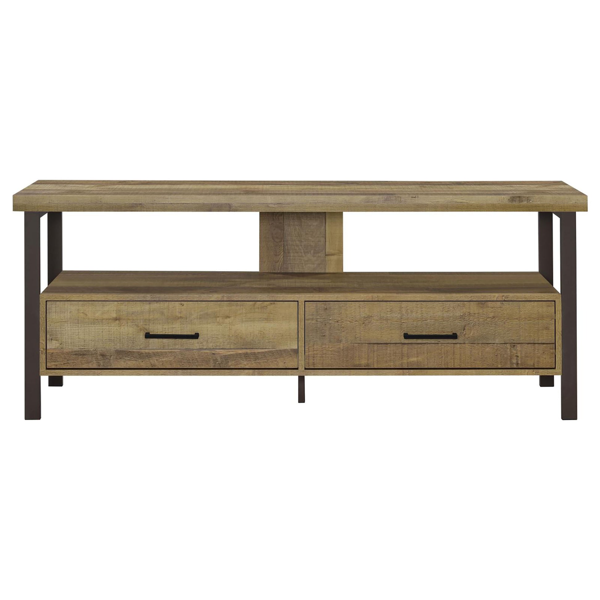 Weathered Pine and Dark Bronze 2 Drawer TV Console brown-primary living space-50-59 inches-60-69