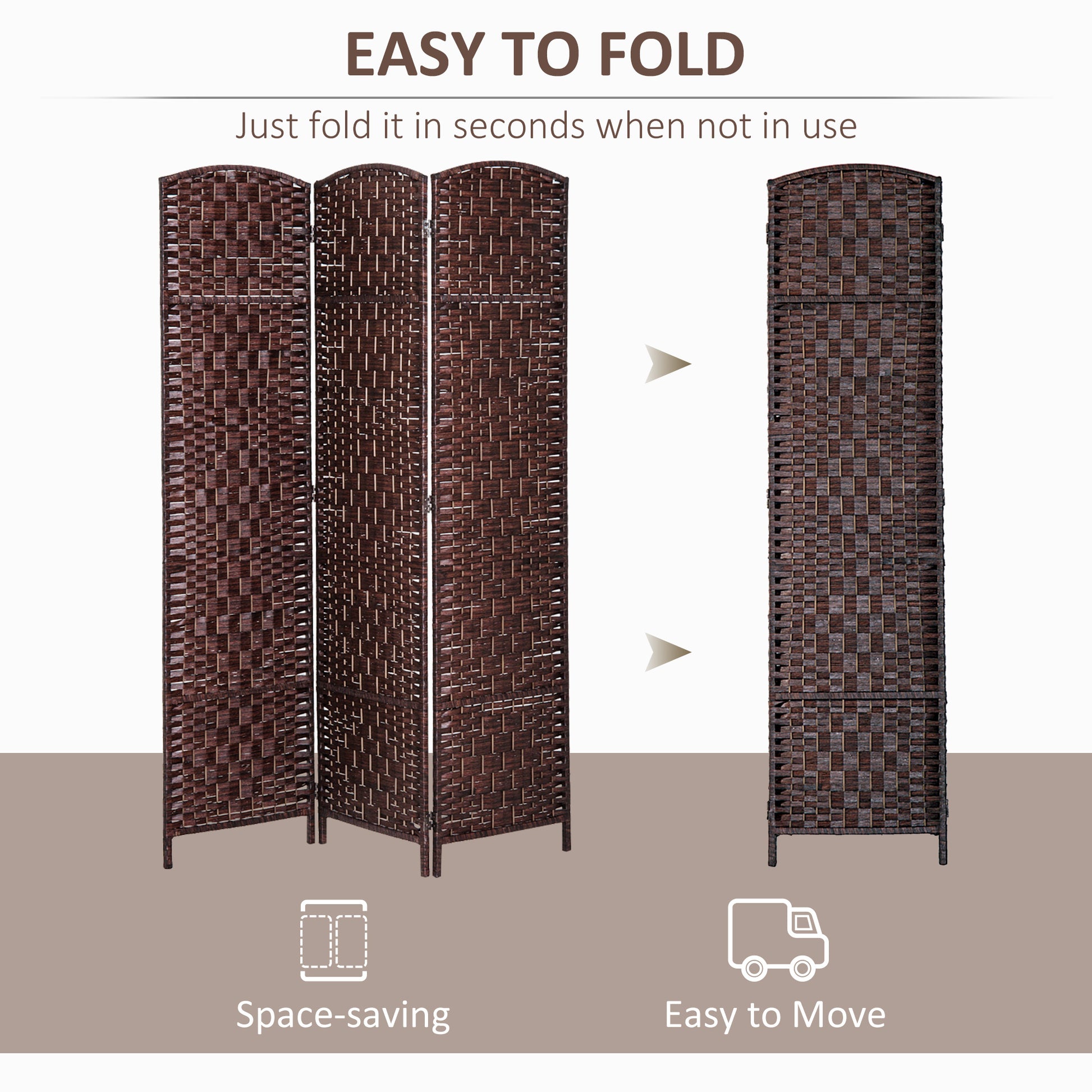 6' Tall Wicker Weave 3 Panel Room Divider Privacy brown-wood