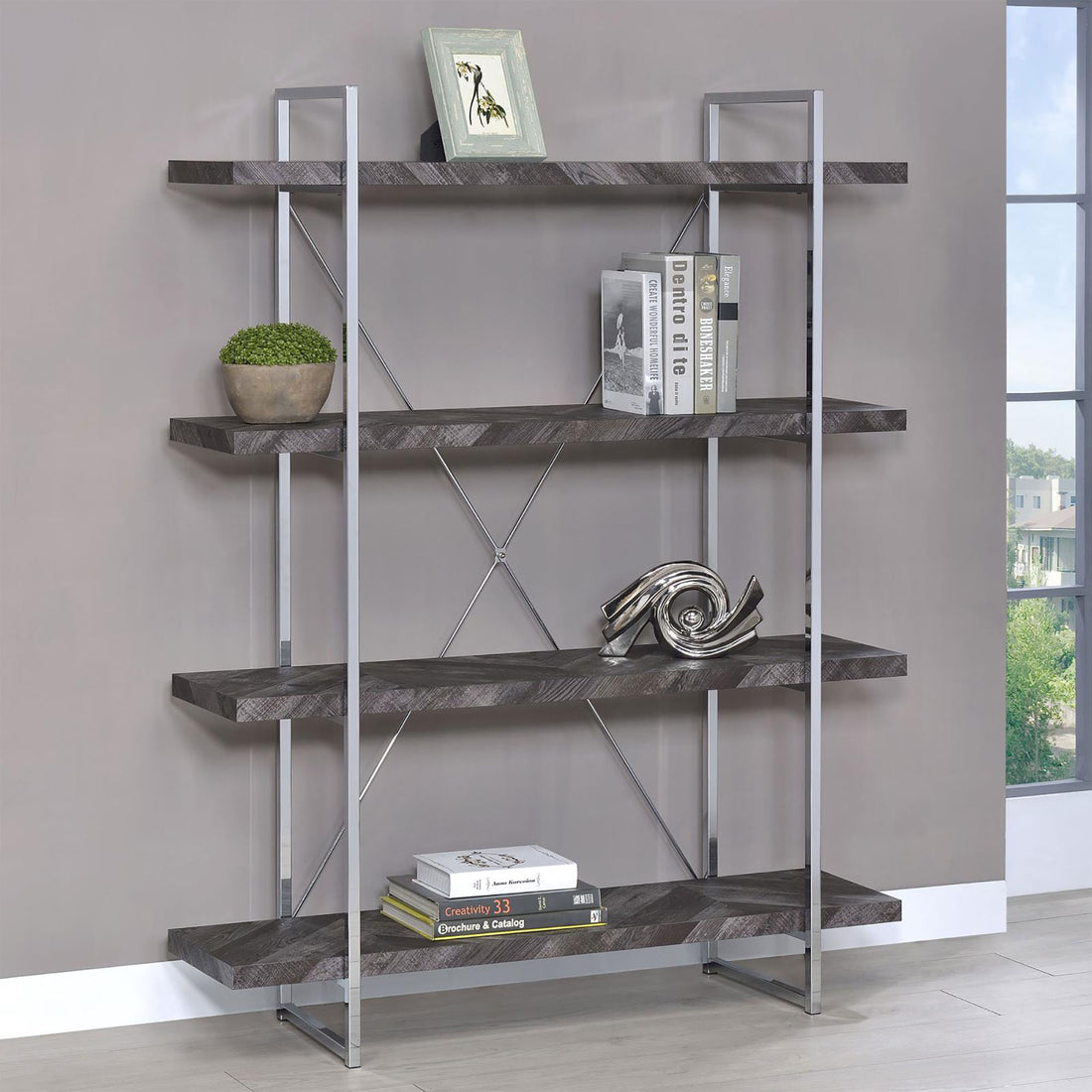 Rustic Grey Herringbone Bookcase with Full Length