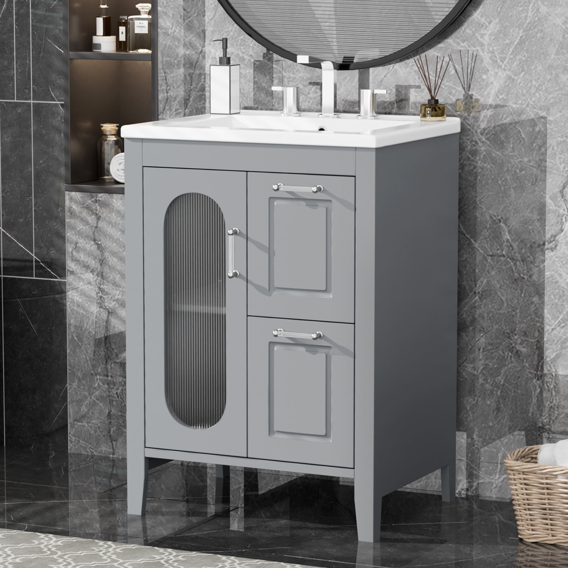 24" Bathroom Vanity with Sink, Bathroom Vanity Cabinet grey-solid wood+mdf