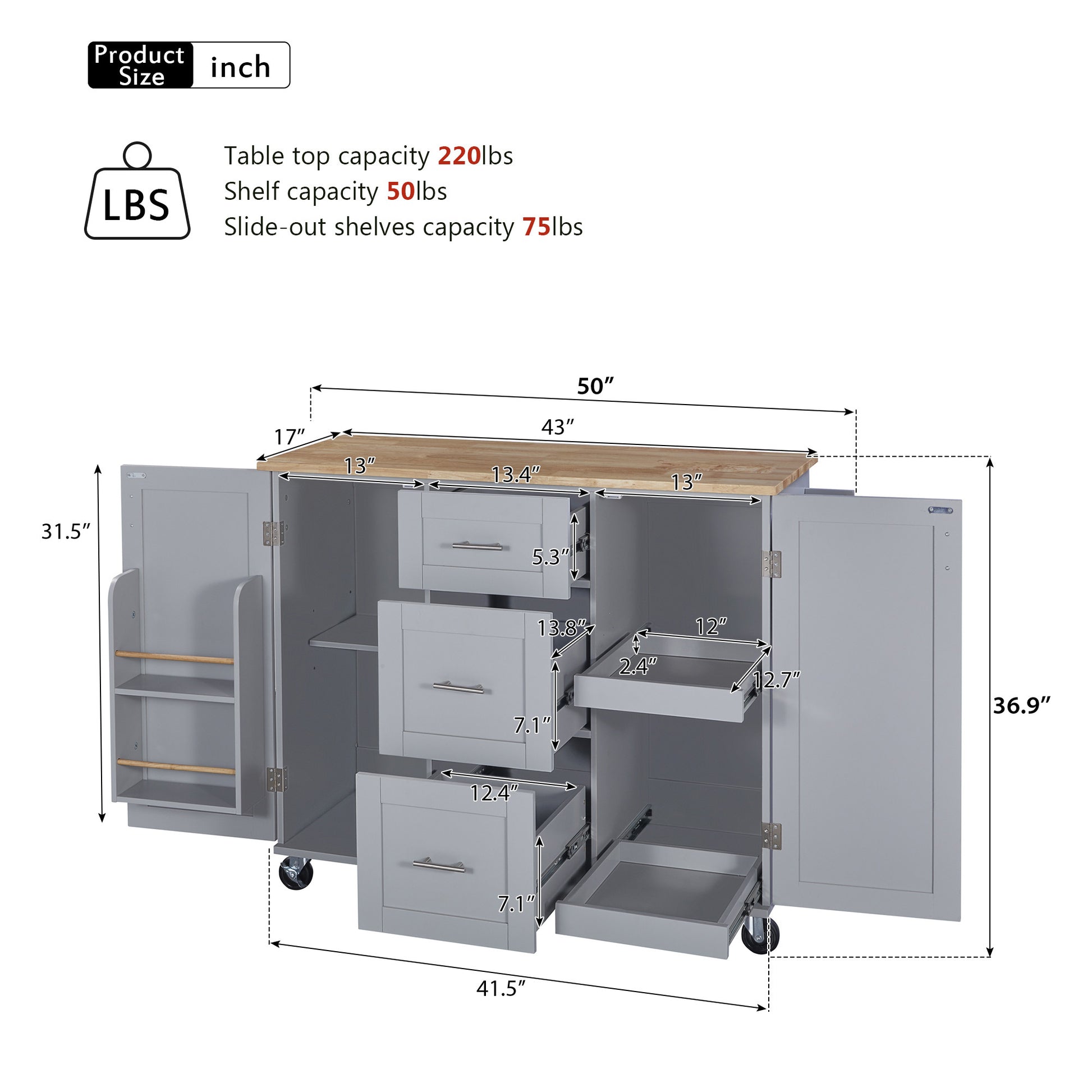 K&K Rolling Kitchen Island with Storage, Kitchen Cart